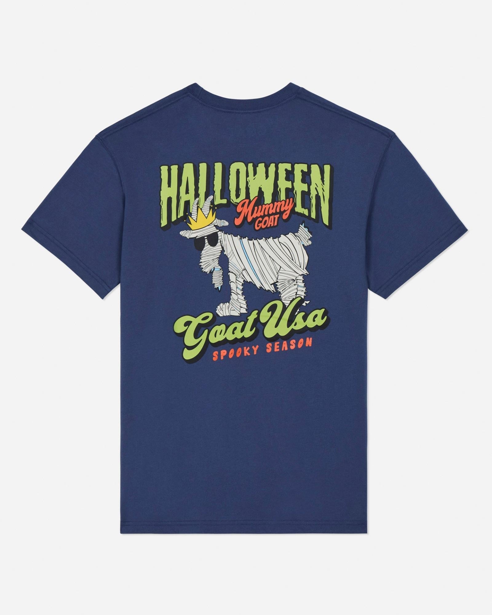 Navy blue t-shirt with Halloween-themed graphic on a light gray background