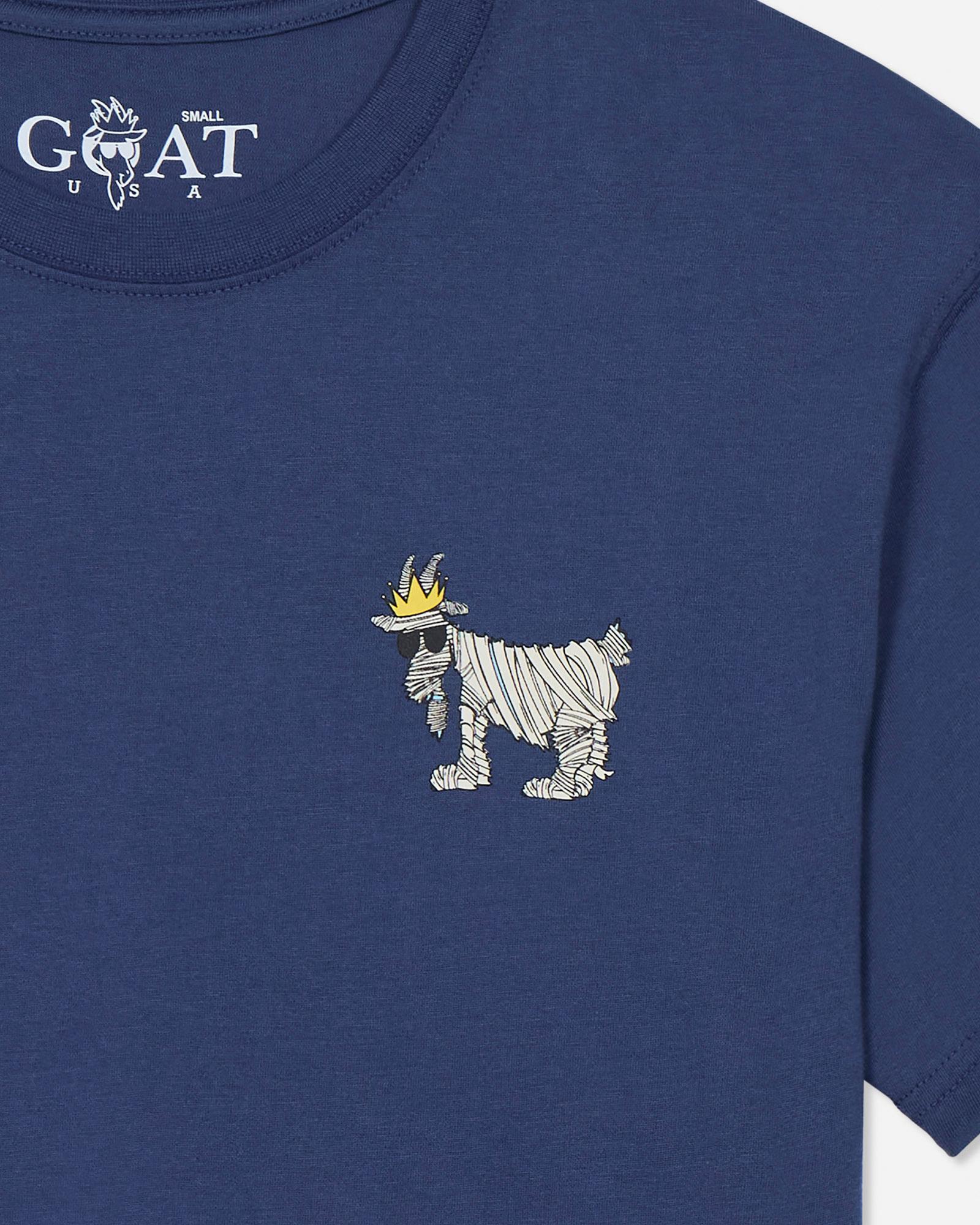 Navy blue t-shirt with a mummy goat wearing a crown graphic