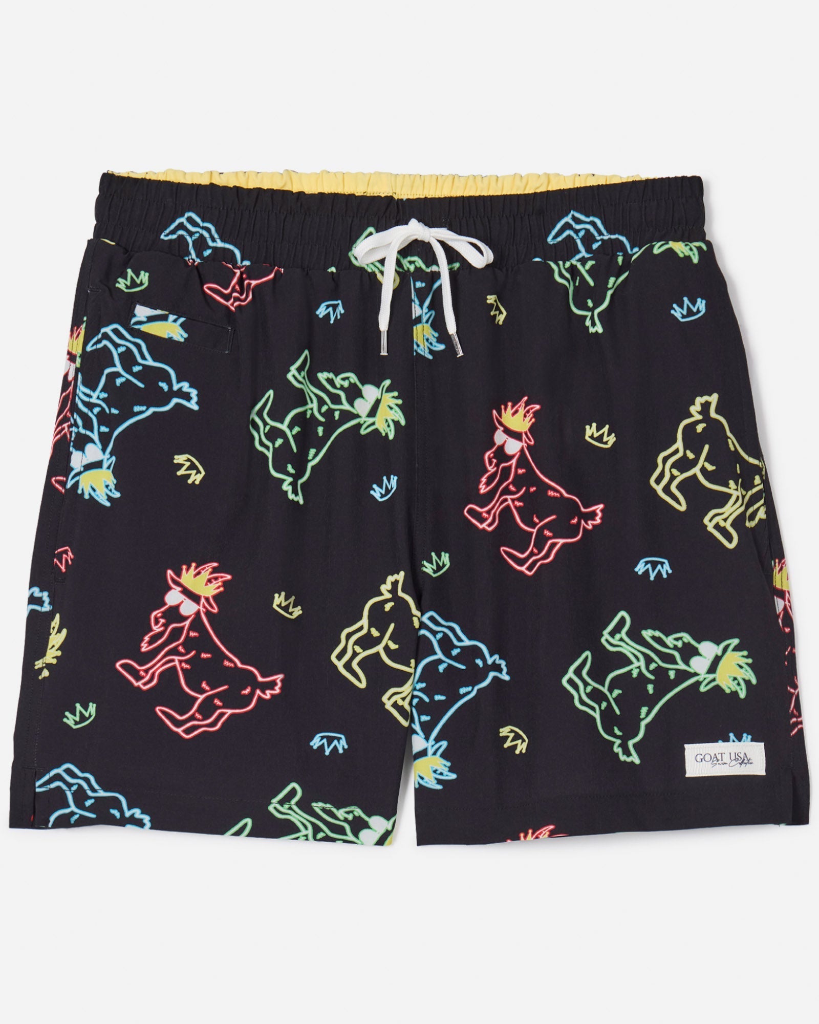 Front of black bathing suit with neon led-style goats