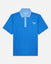 Blue patterned polo shirt with a small logo on a light gray background