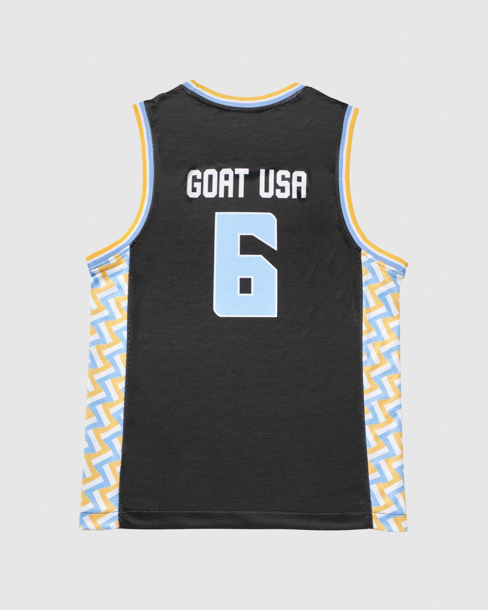Back of black basketball jersey with patterned sides