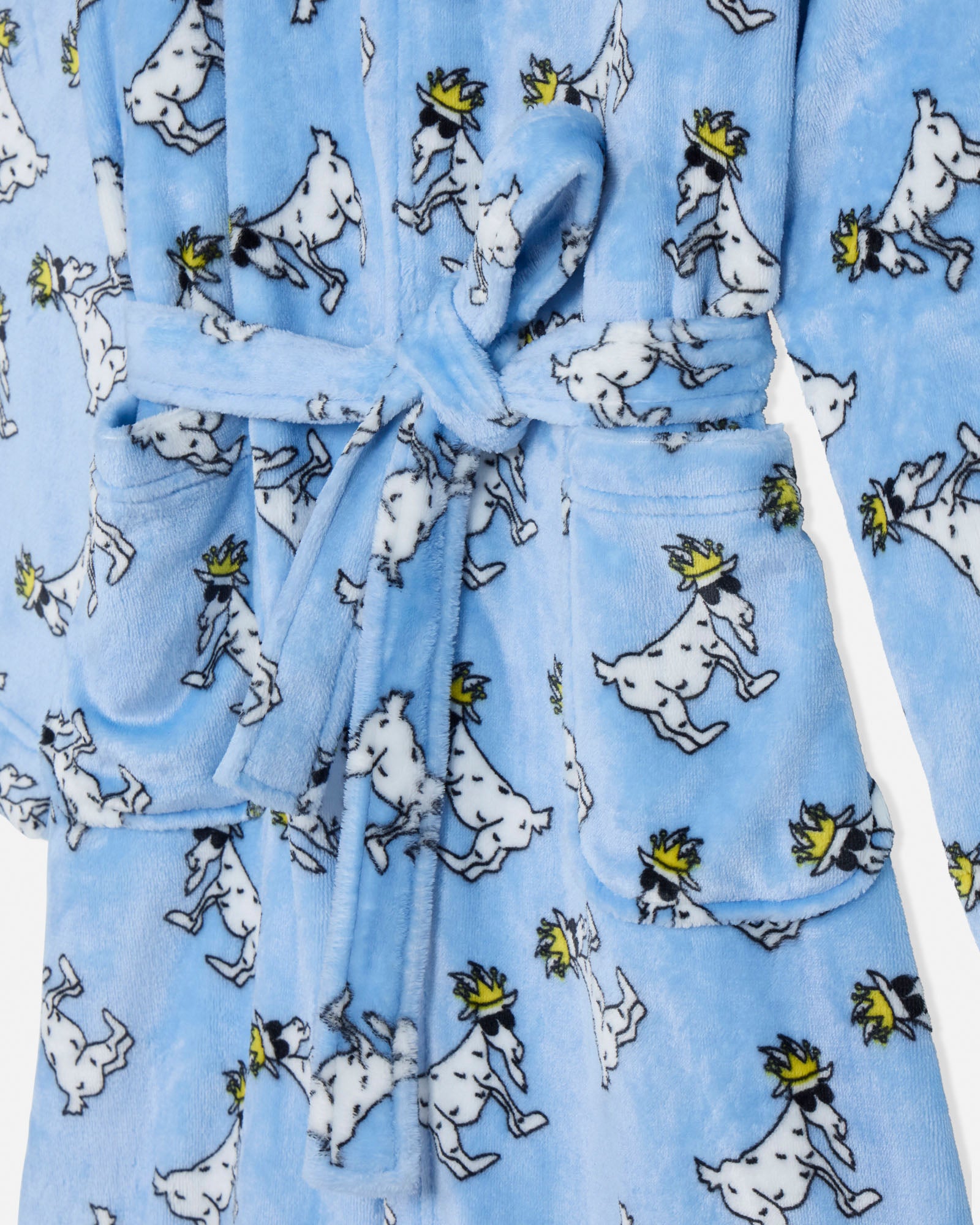 Blue robe with cartoon goat pattern on a white background