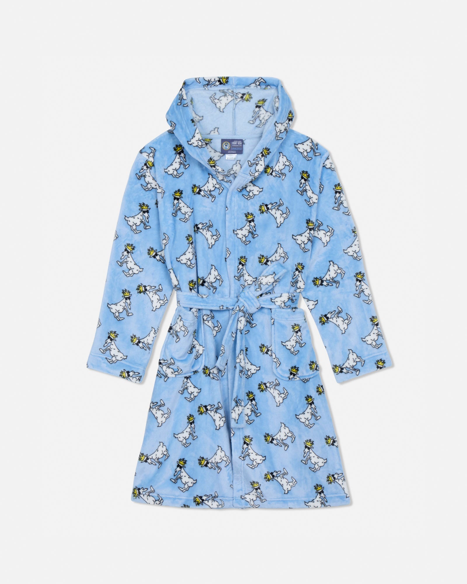 Children's blue robe with goat pattern on a white background
