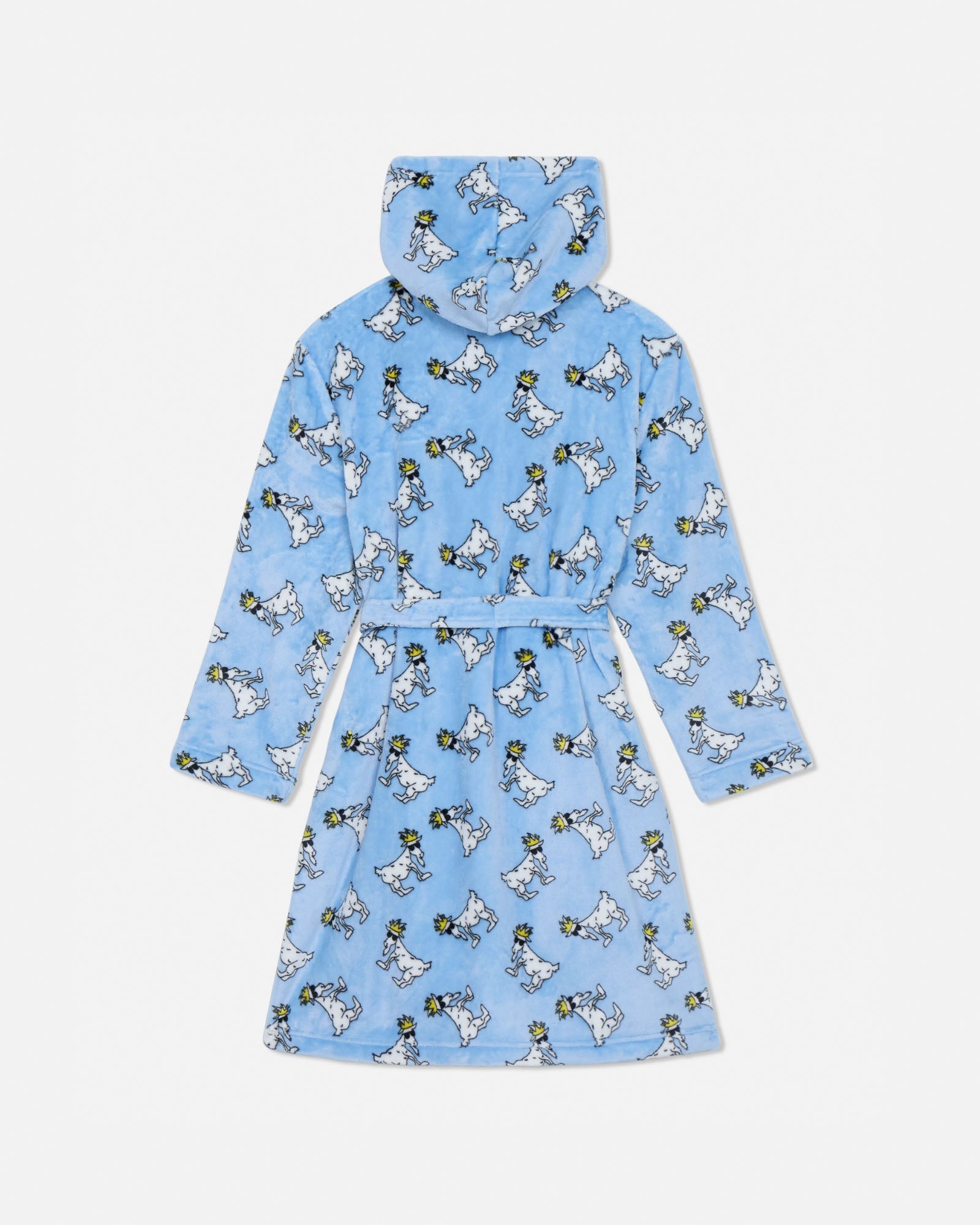 Children's blue robe with white goat pattern on a light gray background