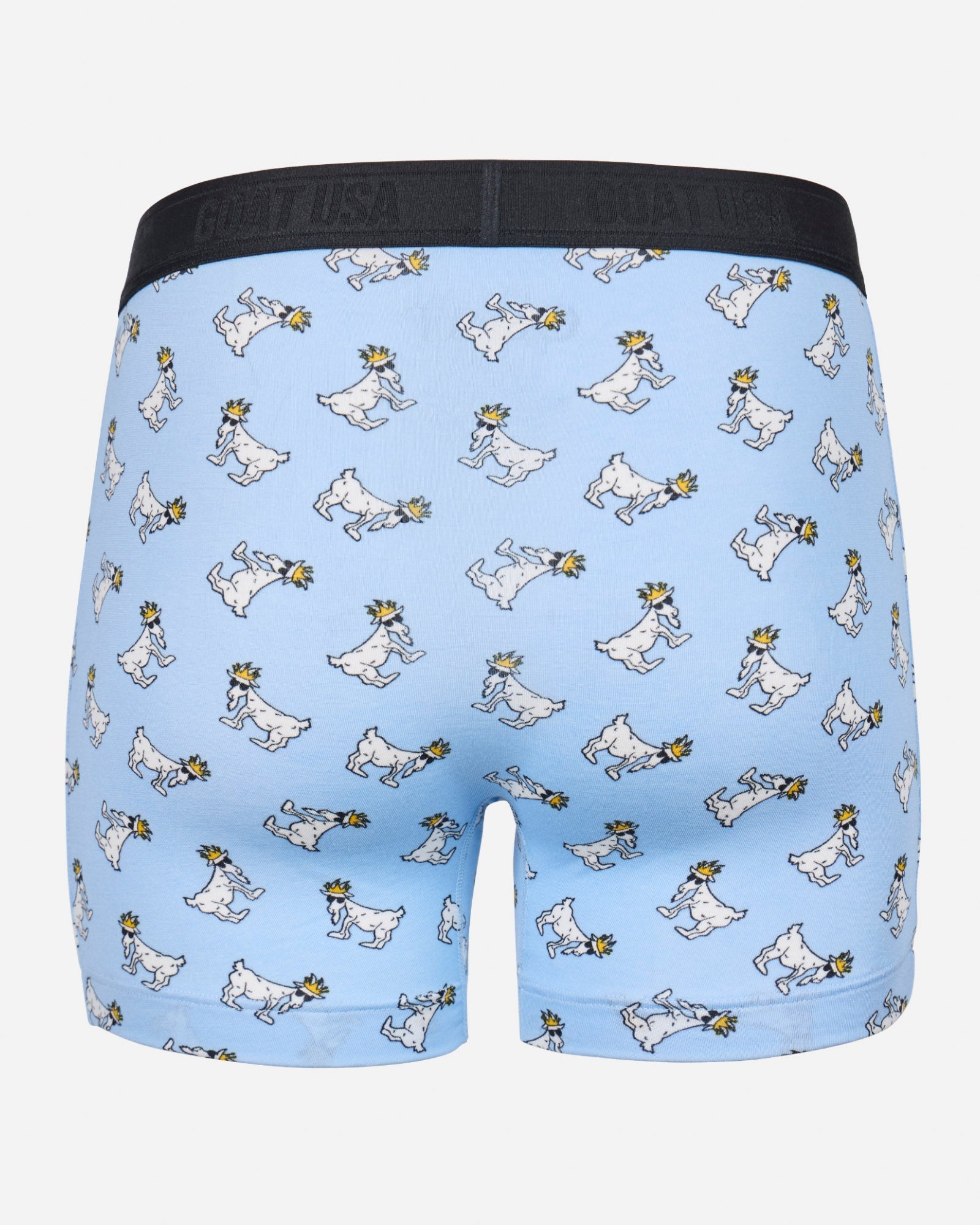 Back of carolina blue boxer briefs with goat all-over print