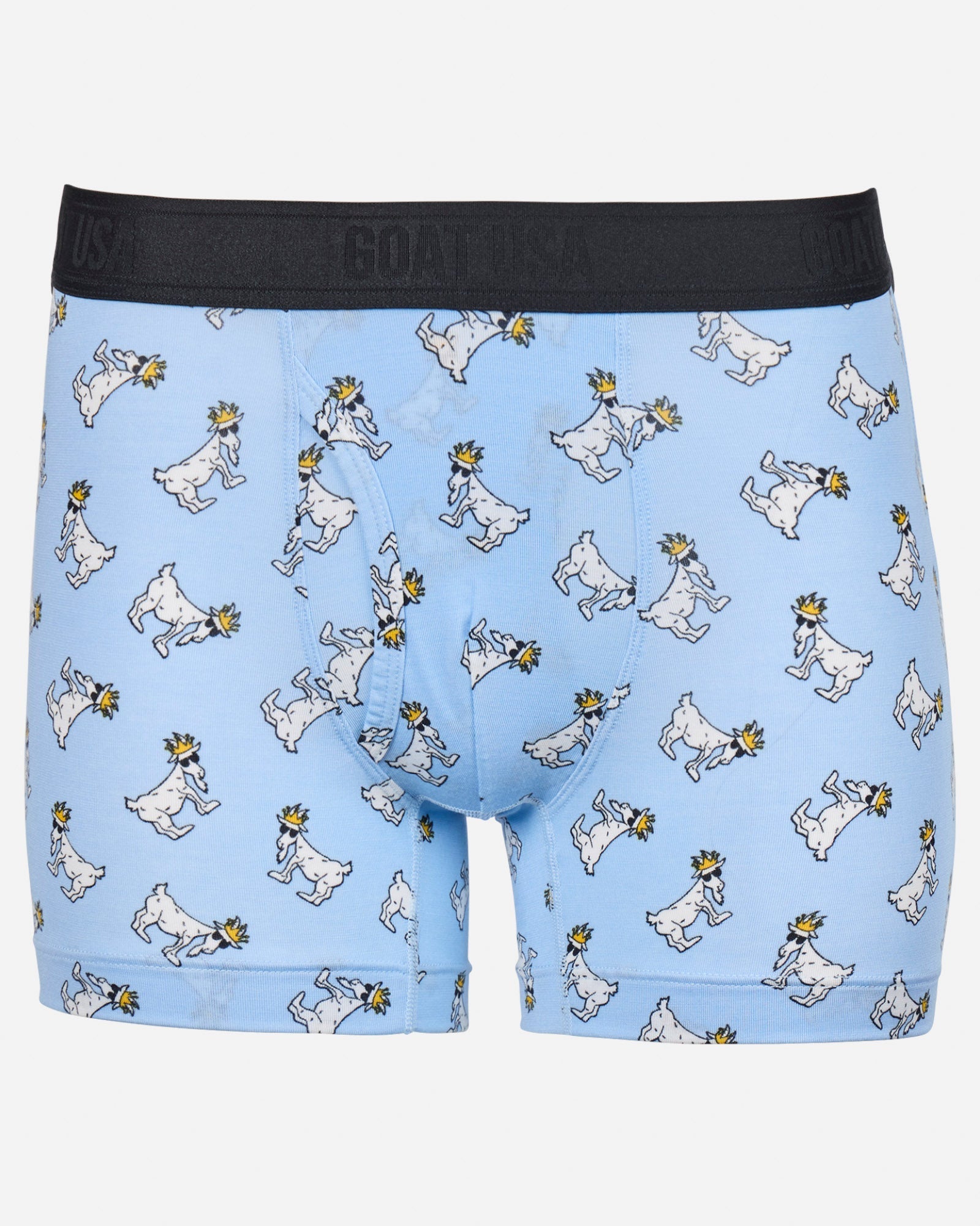 Front of carolina blue boxer briefs with goat all-over print