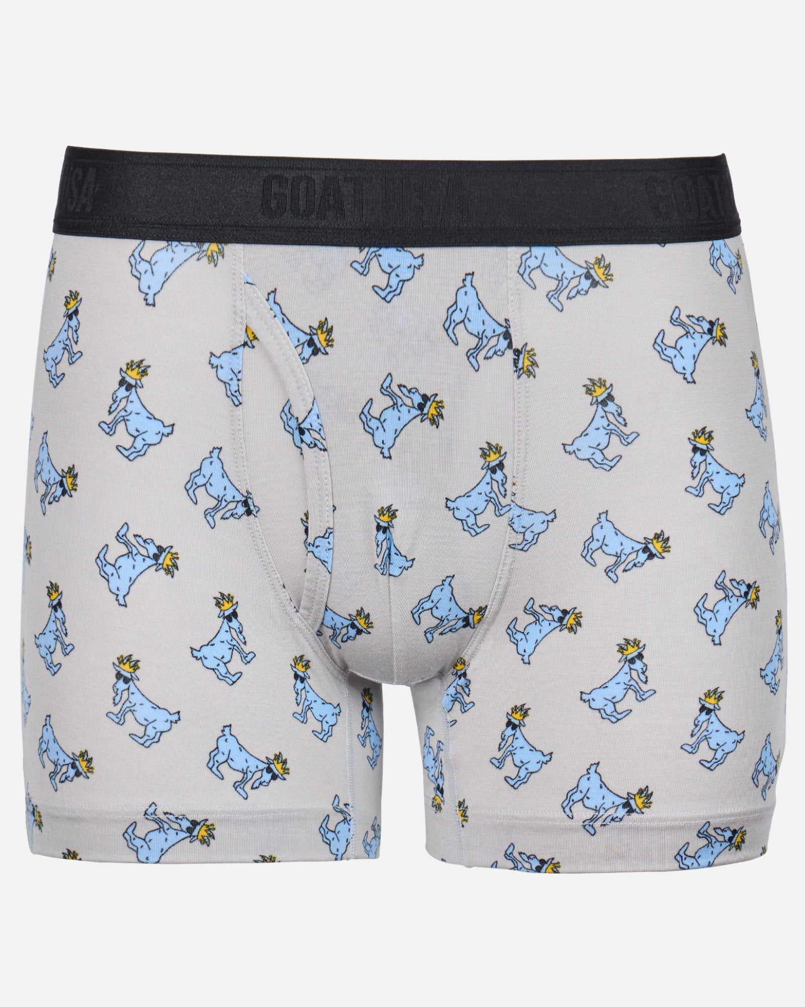 Front of gray boxer briefs with goat all-over print