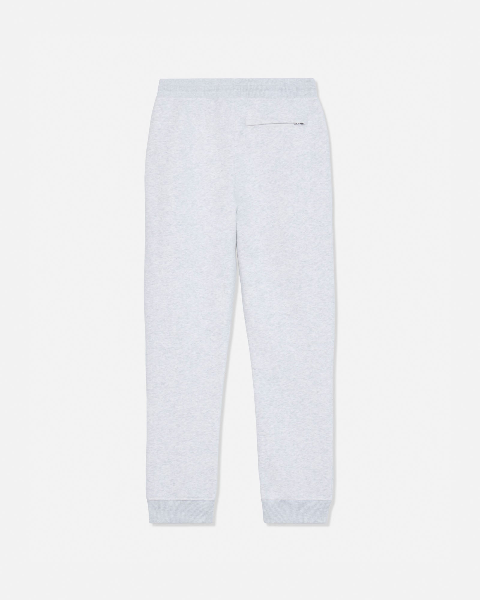 Light gray heathered sweatpants shown from the back, featuring an elastic waistband and ribbed ankle cuffs, on a solid white background.#color_pale-gray