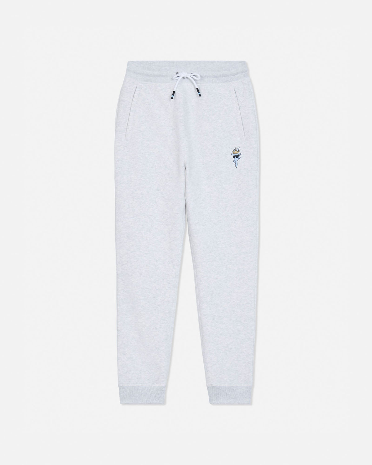 Light gray heather sweatpants with a small embroidered bird logo on the left thigh, featuring an elastic waistband with a white drawstring and ribbed ankle cuffs.#color_pale-gray