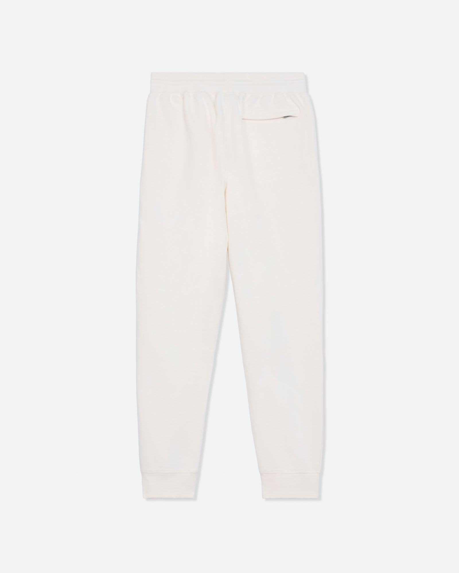 A pair of cream-colored sweatpants with an elastic waistband and ribbed ankle cuffs, shown flat against a light gray background.#color_bone