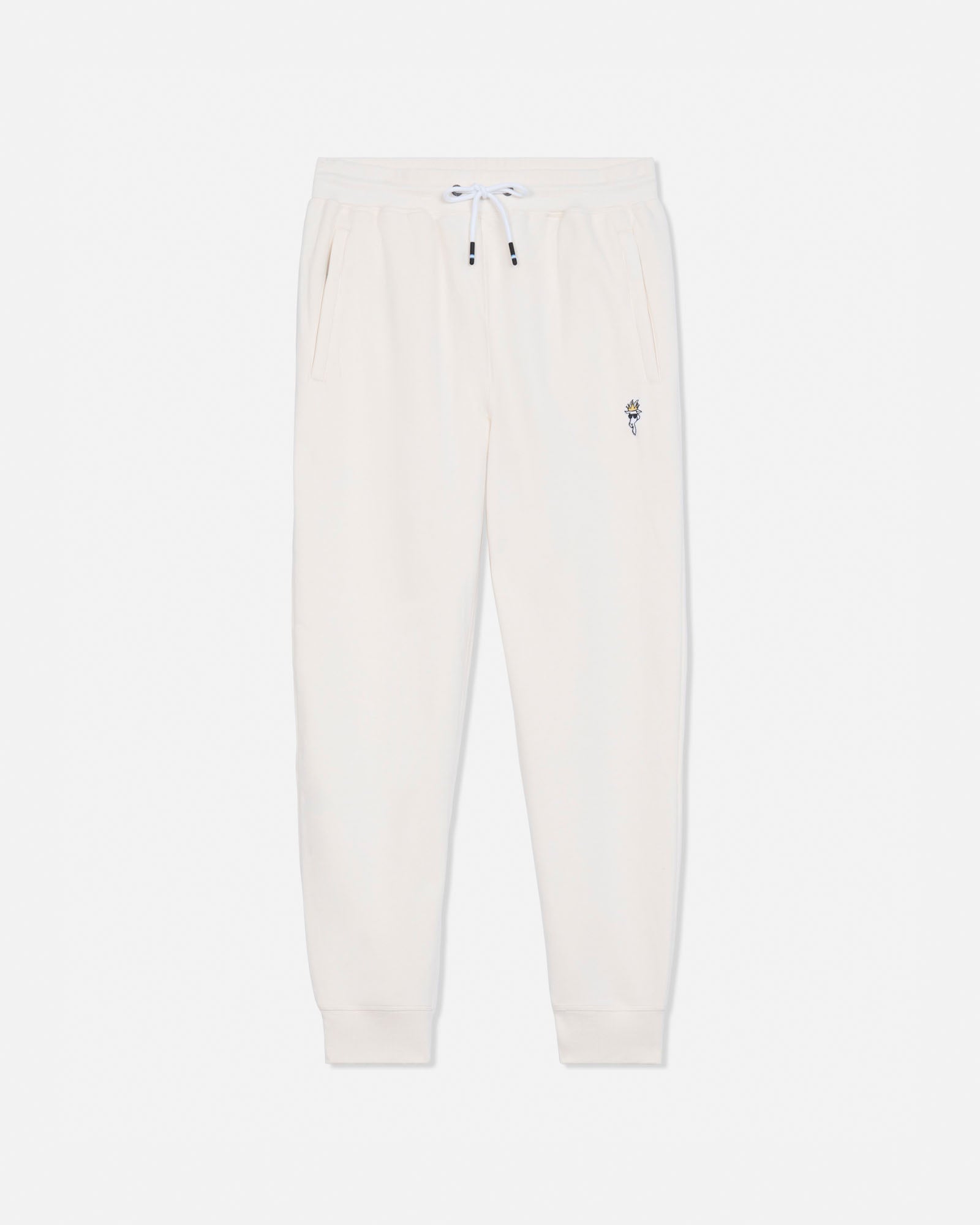 Off-white sweatpants with a drawstring waist, side pockets, and a small embroidered logo on the left thigh, shown against a plain light gray background.#color_bone