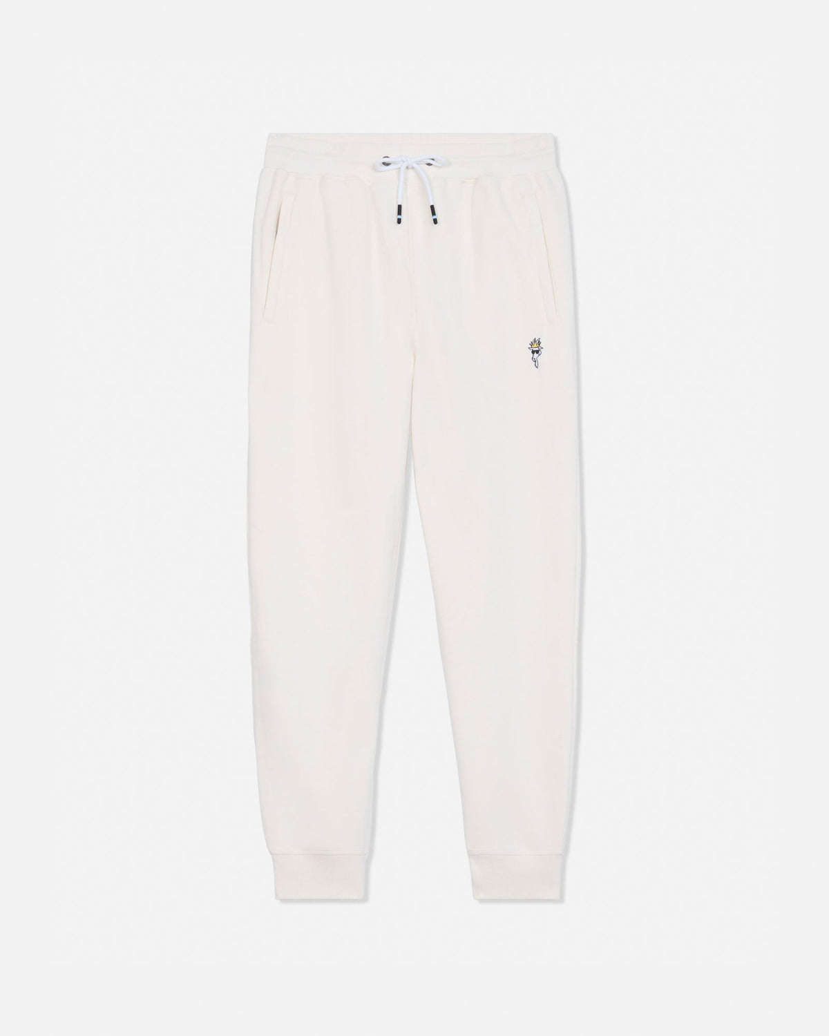 Off-white sweatpants with a drawstring waist, side pockets, and a small embroidered logo on the left thigh, shown against a plain light gray background.#color_bone