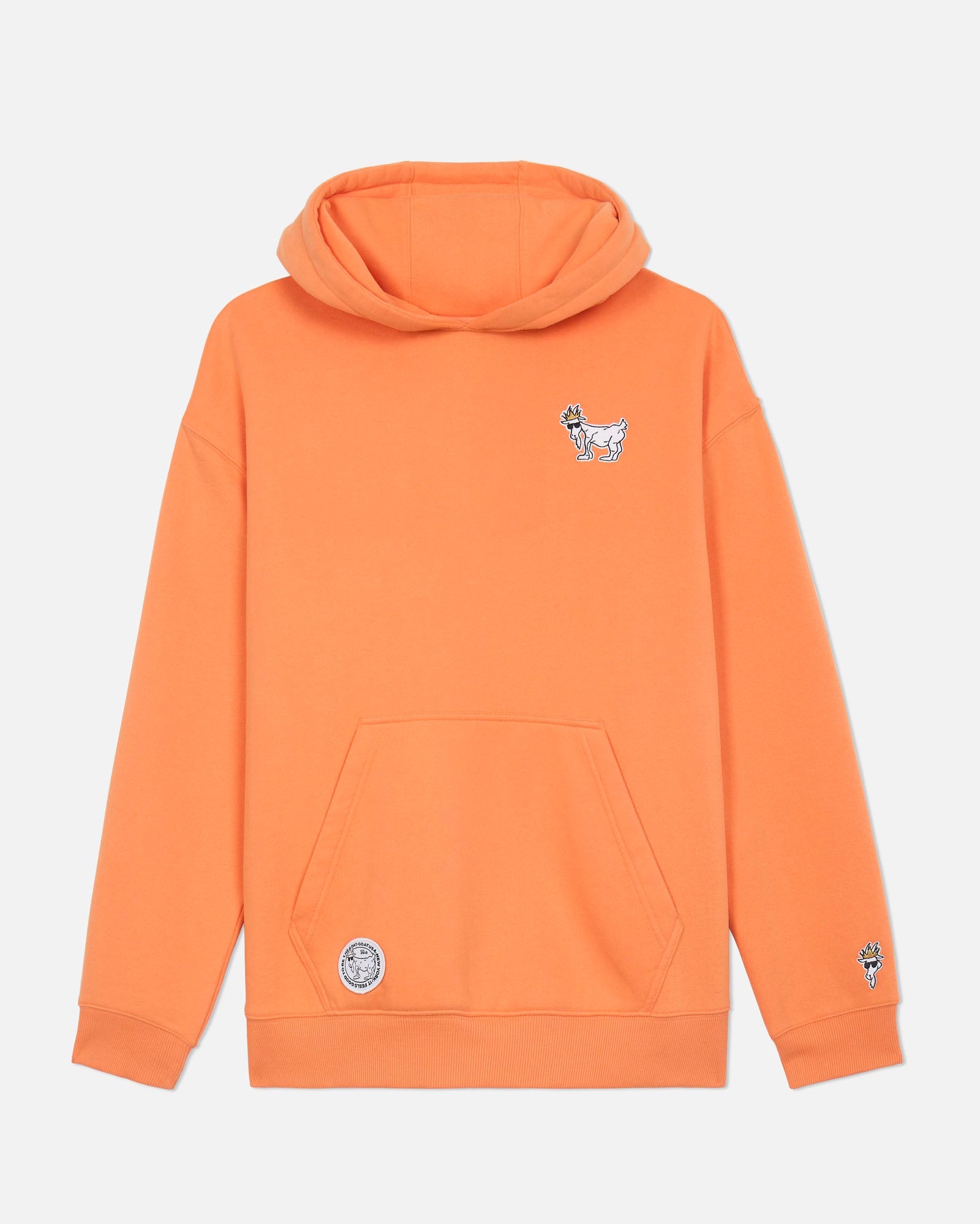 Orange hoodie with a small graphic on the chest against a light gray background#color_muskmelon