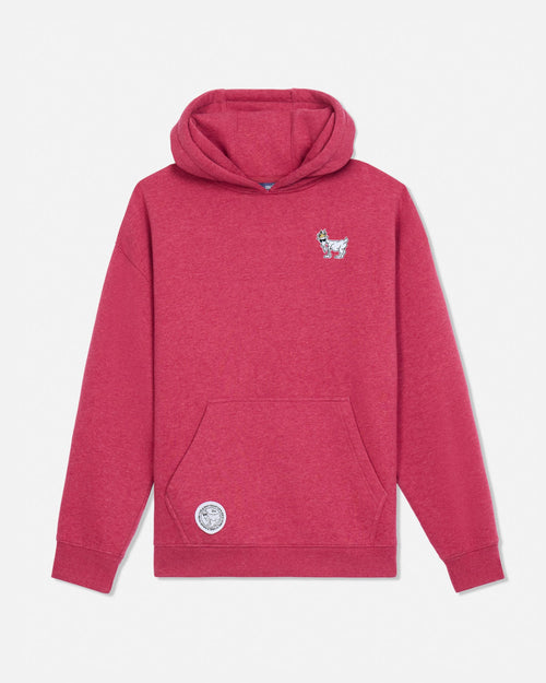 Front of cardinal heather hoodie with embroidered goat left-chest logo and no drawstrings