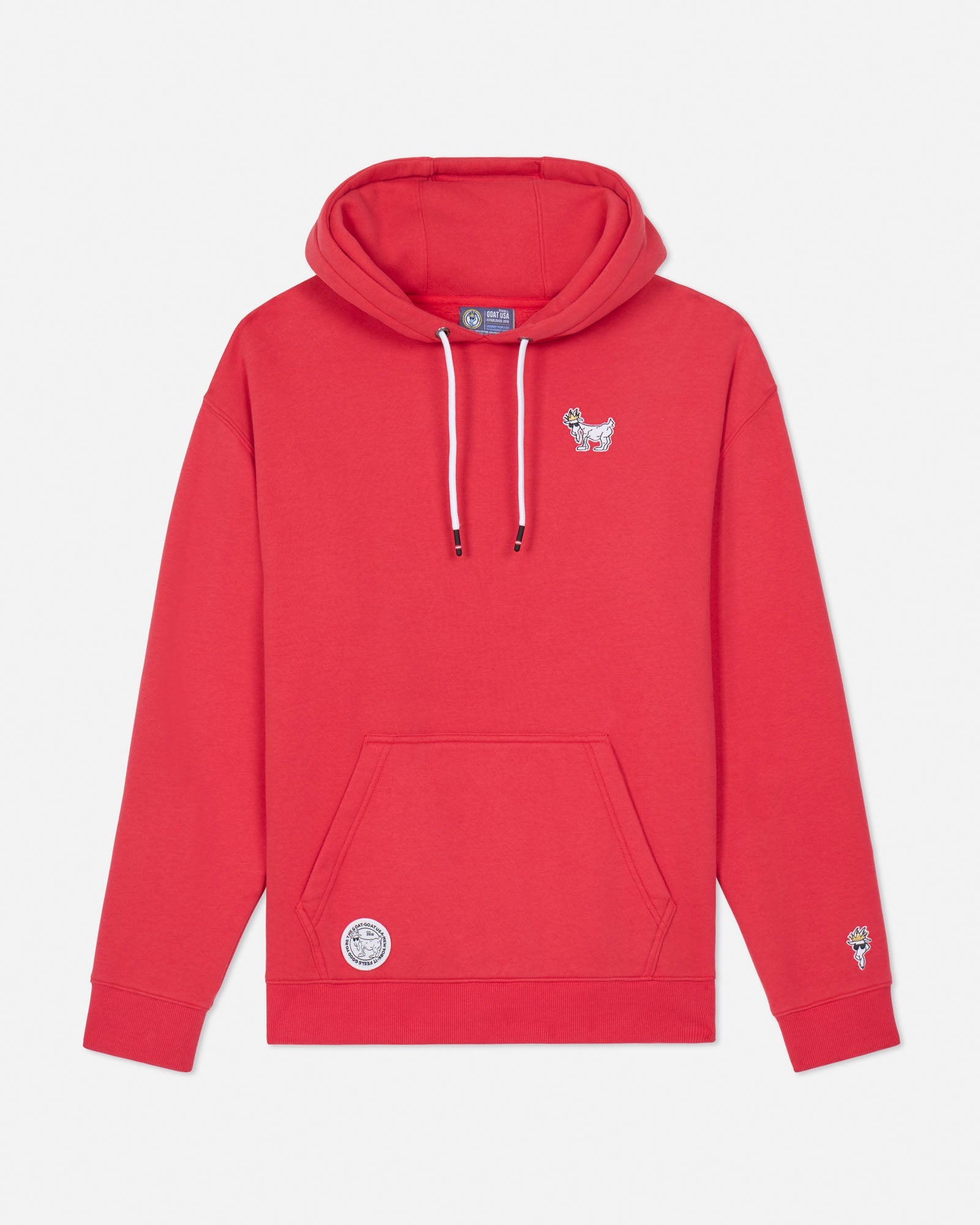 Red hoodie with a small logo on a white background#color_poinsettia