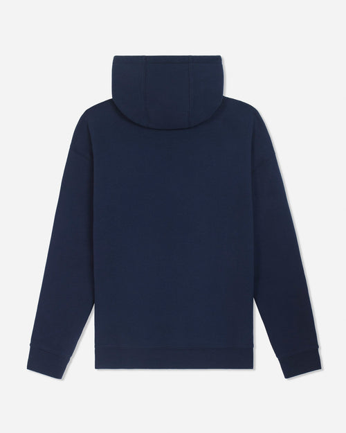 A navy blue hooded sweatshirt shown from the back, laid flat against a light gray background.