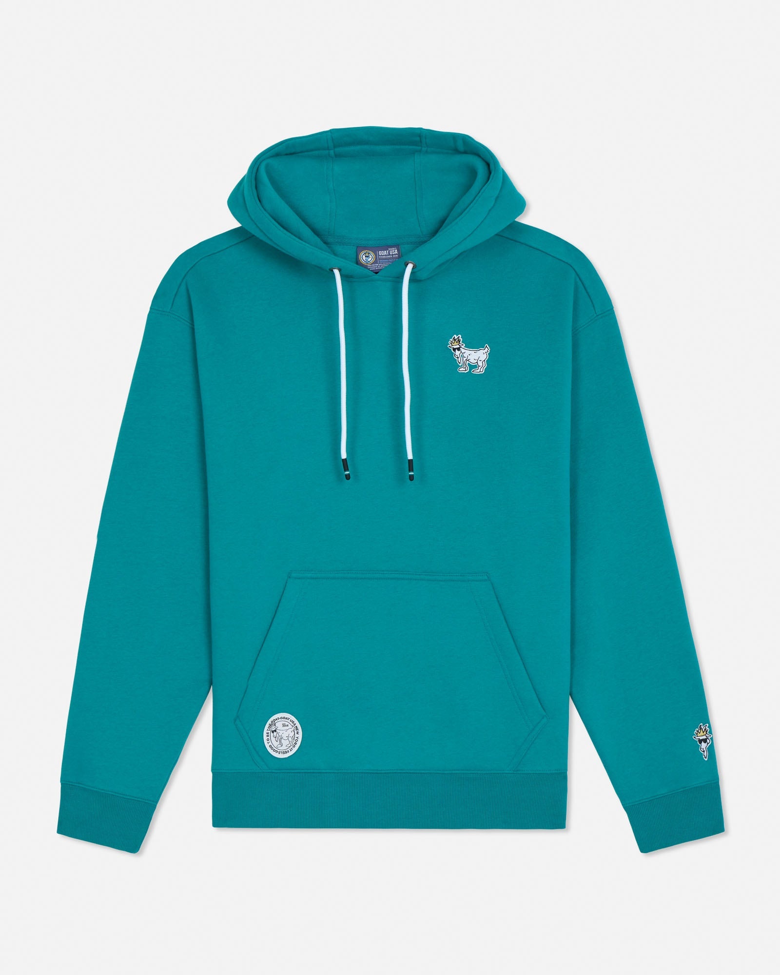 Teal hoodie with white drawstrings on a light gray background#color_teal-blue