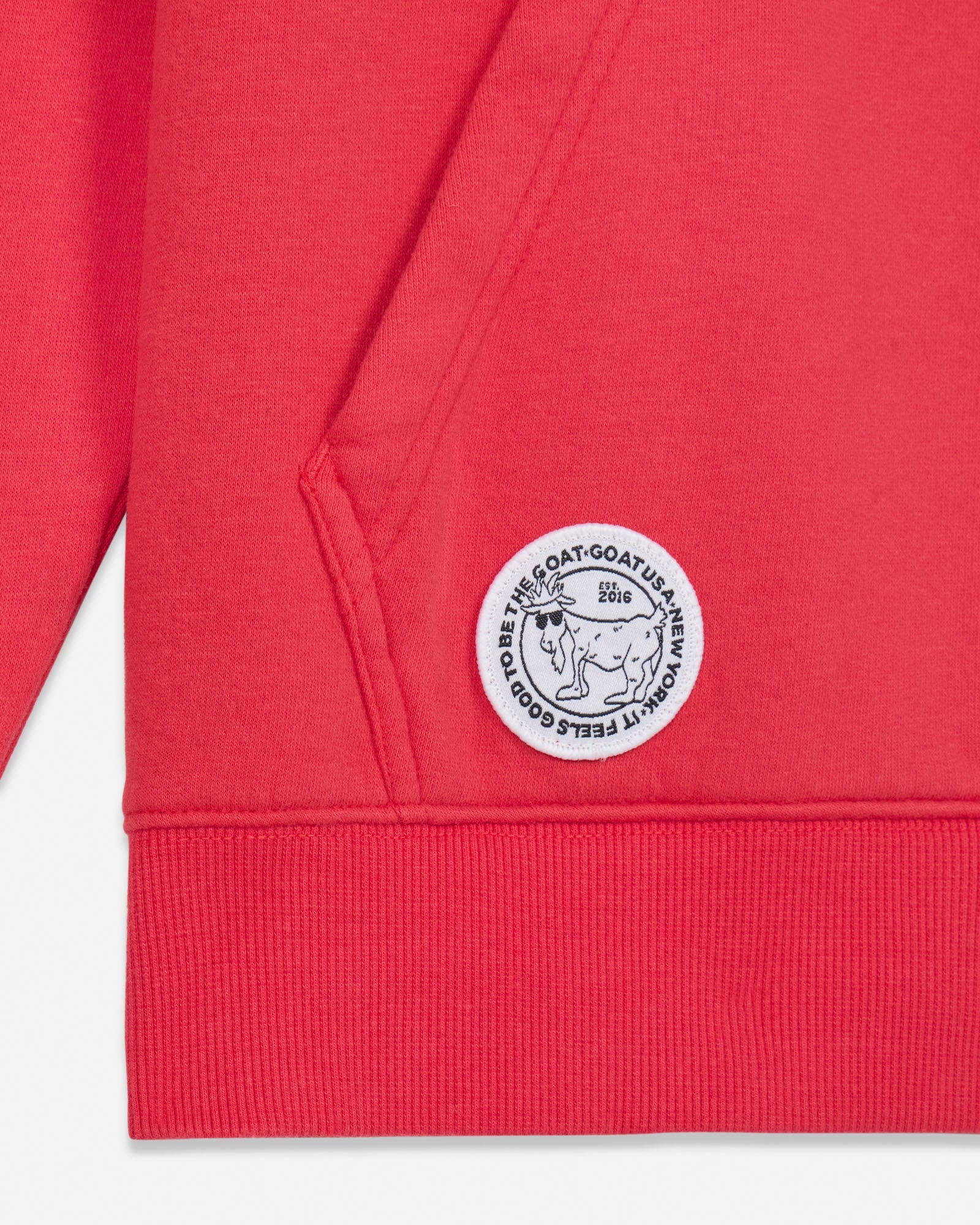 Close-up of a red hoodie with a white logo on a white background#color_poinsettia