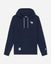 A navy blue pullover hoodie with white drawstrings, featuring a small white embroidered goat logo on the left chest and a circular white patch on the front pocket, displayed against a light gray background.#color_navy-blazer