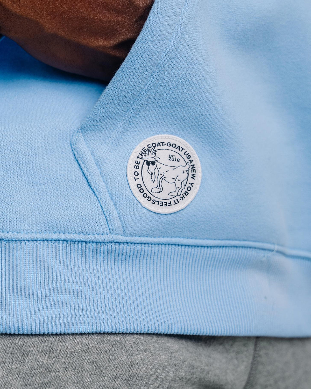 Close-up of patch on carolina blue WG Hooded Sweatshirt