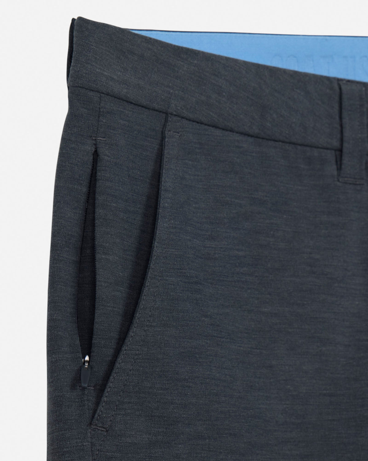 Dark gray pants with a visible pleat on a white background