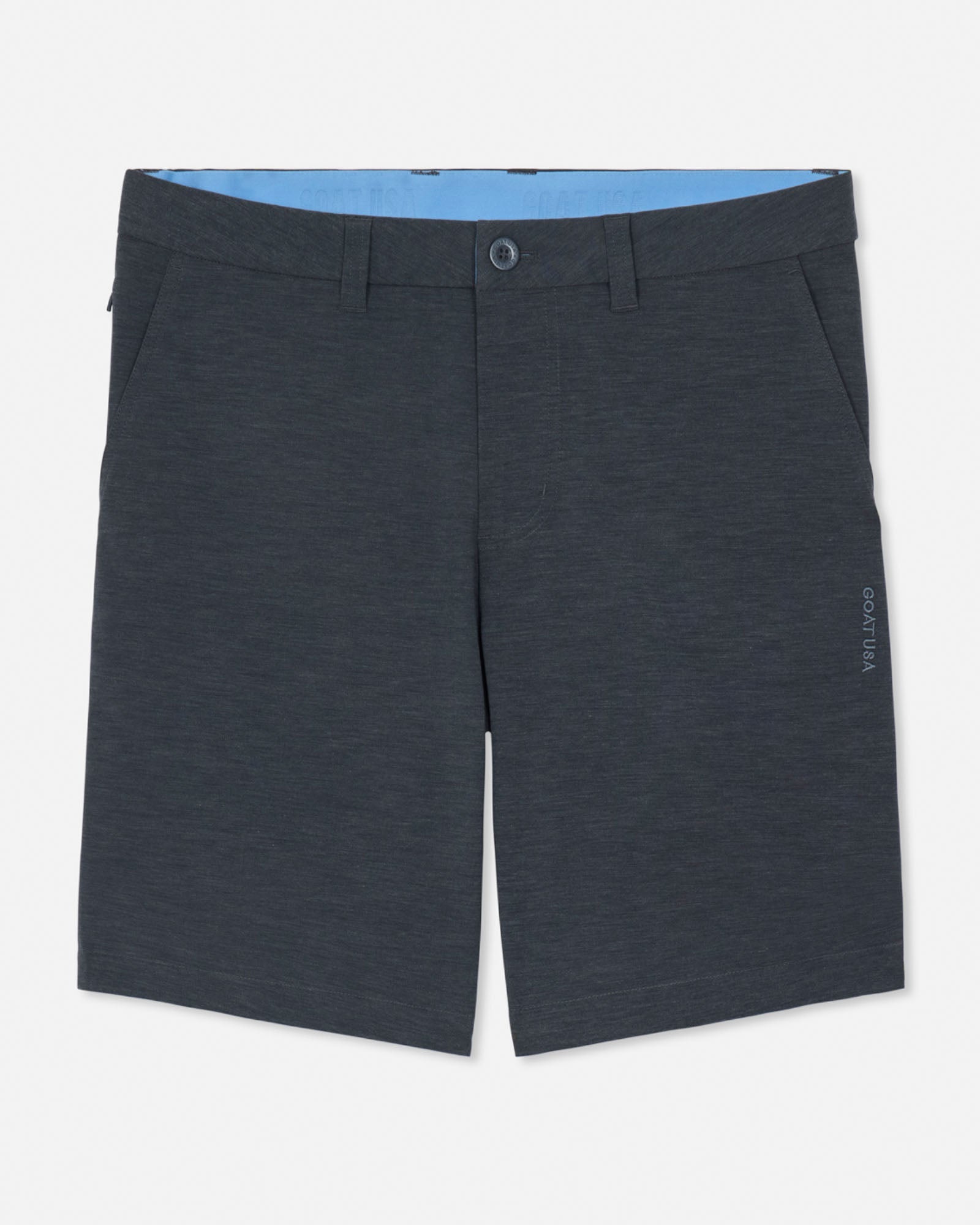 Dark gray shorts with a blue lining on a light gray background#color_gray