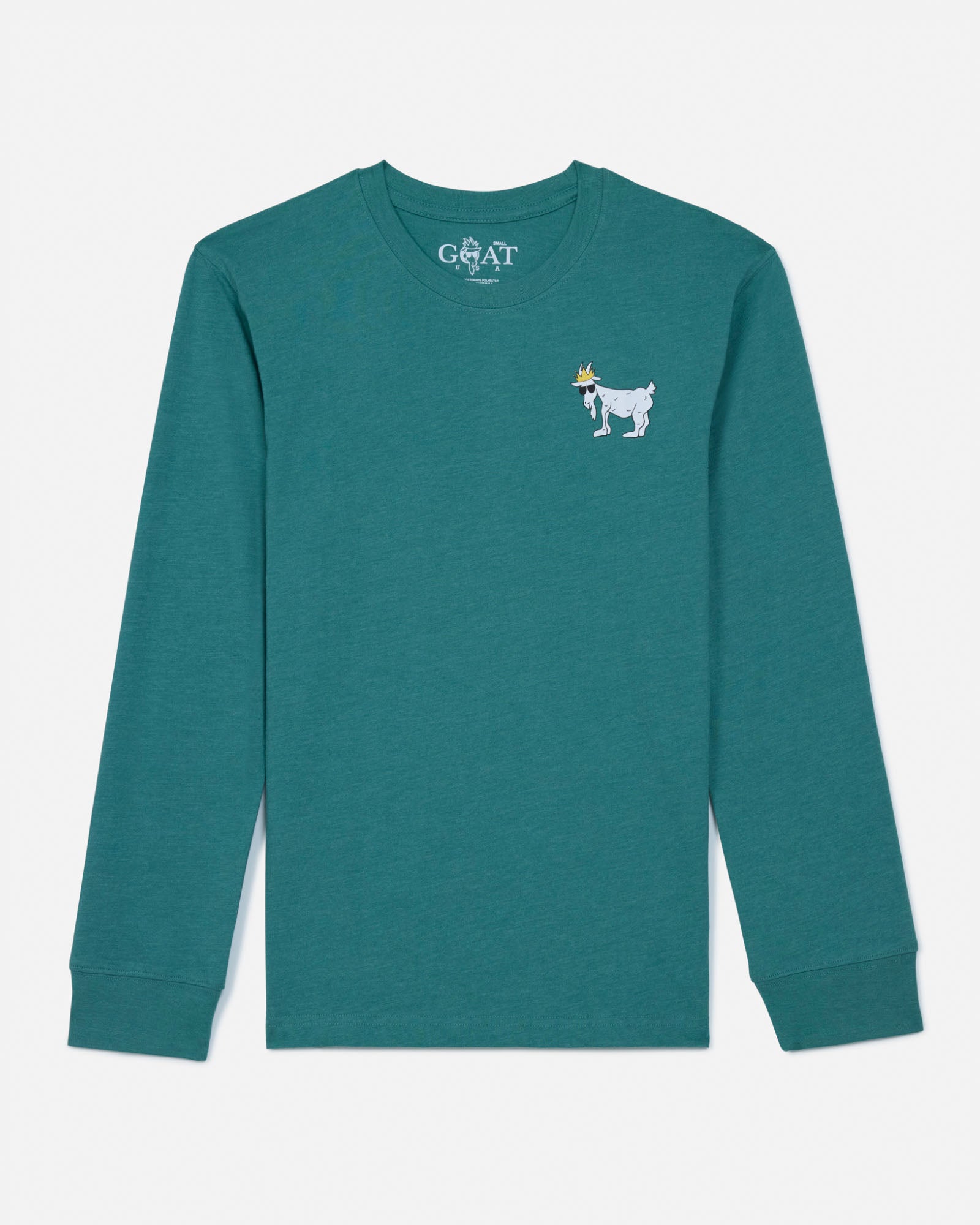 Teal long-sleeve shirt with a small graphic on a white background#color_deep-sea