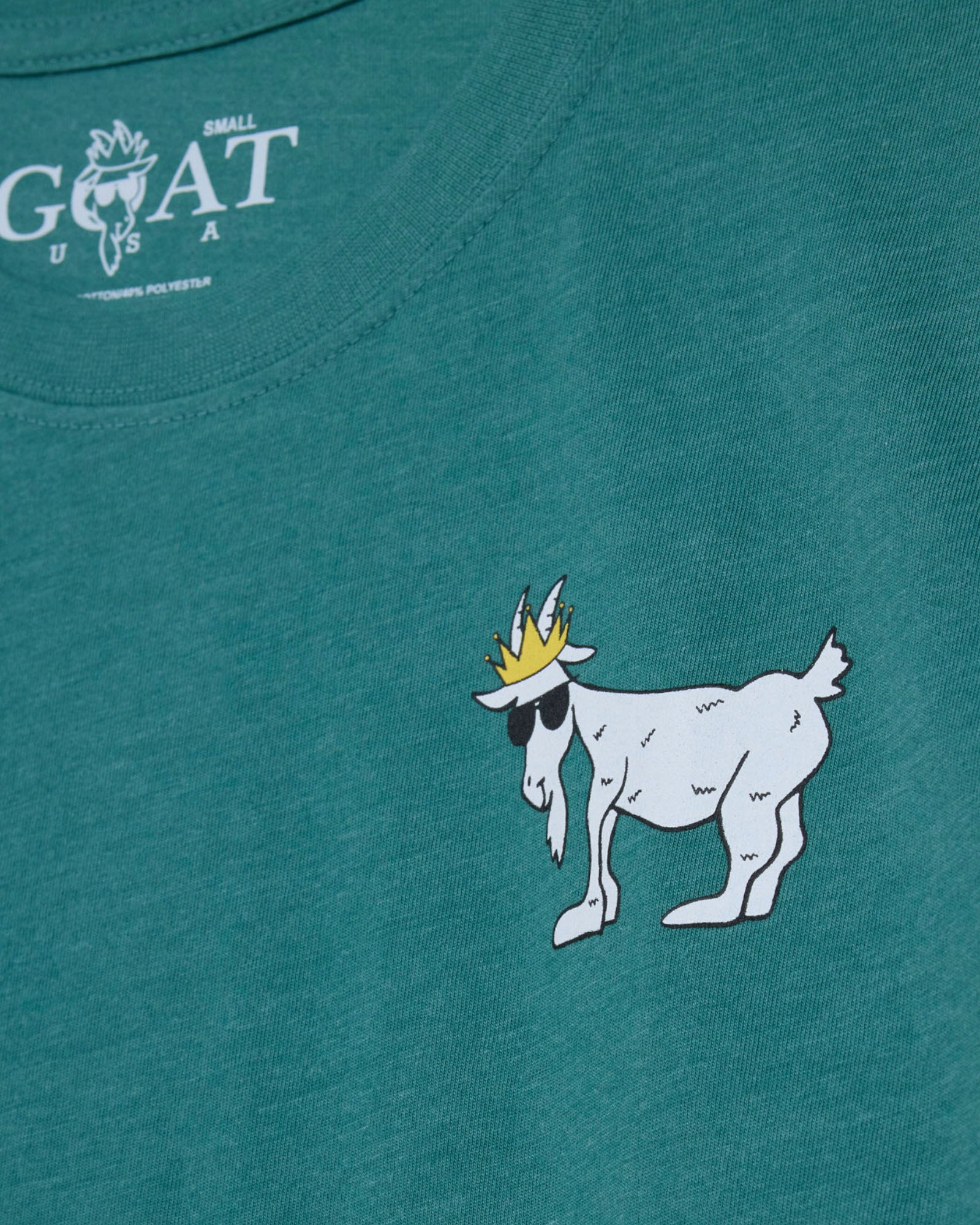 Teal t-shirt with a goat graphic and 'Small Goat USA' logo.#color_deep-sea