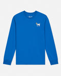 A bright blue long-sleeve crewneck shirt with a small white and yellow goat graphic on the left chest, displayed on a clean white background.