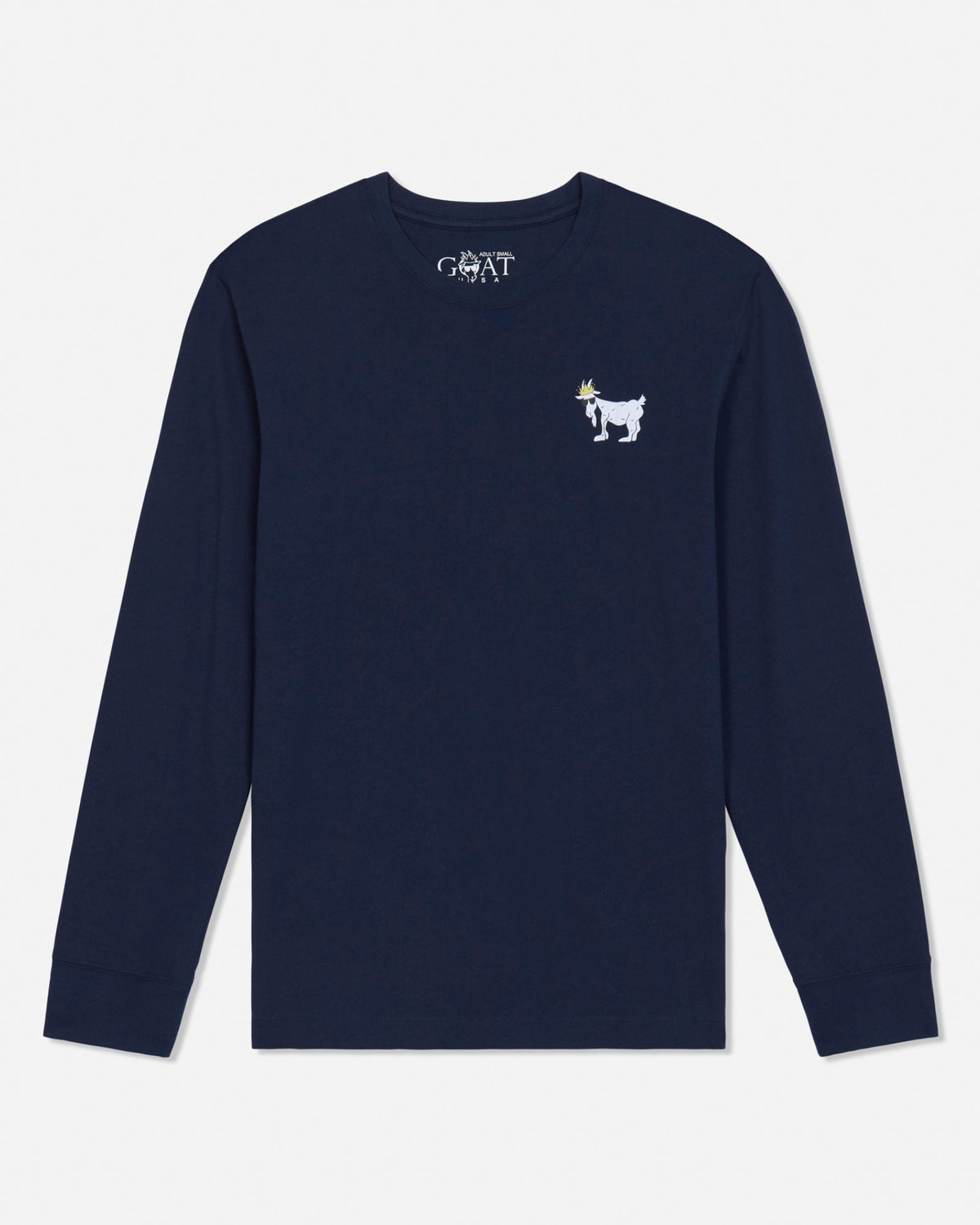 A navy blue long-sleeve crewneck shirt by Goat, featuring a small white embroidered goat logo with a yellow crown on the left chest and the Goat brand name printed inside the collar, shown against a light gray background.#color_navy-blazer