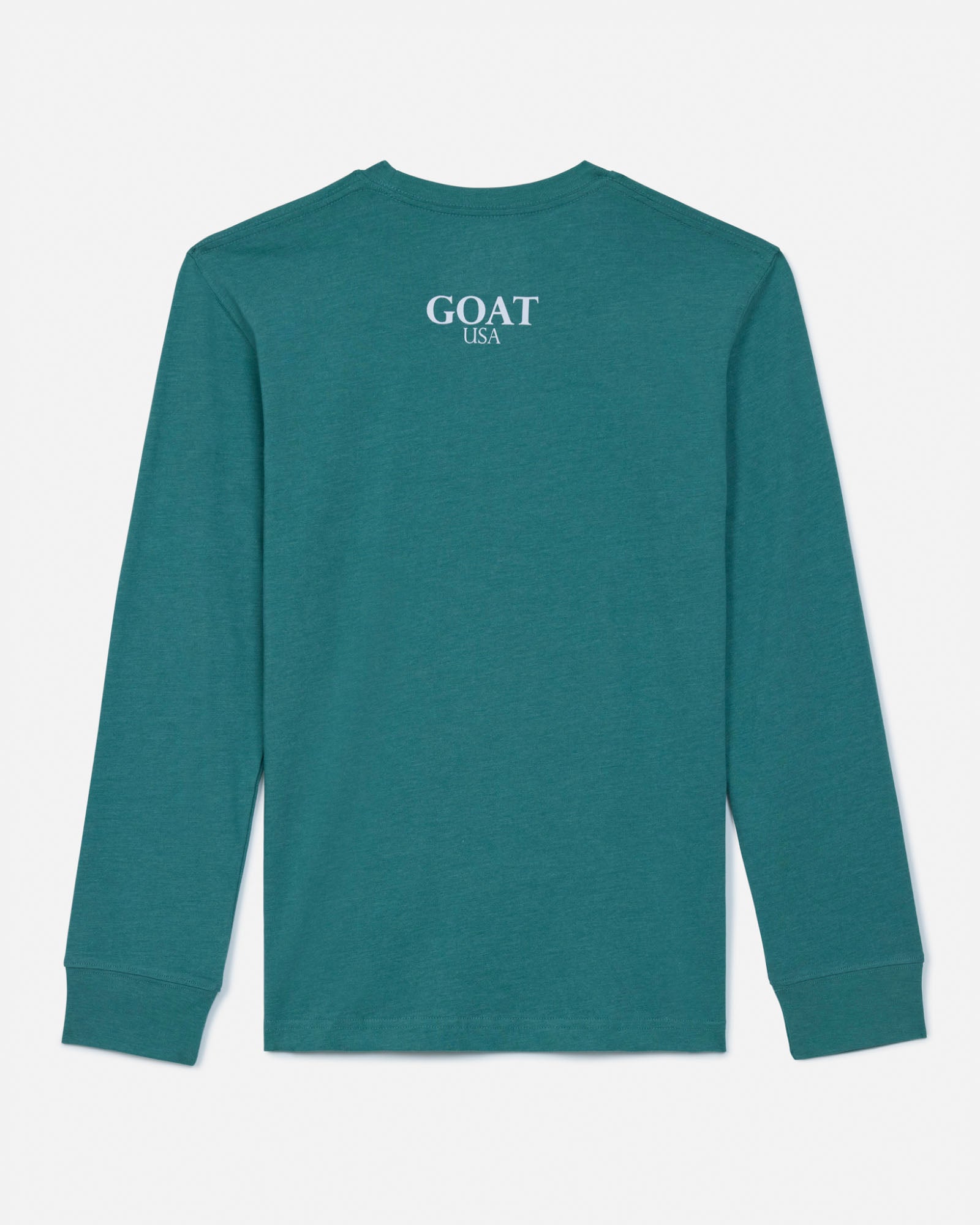 Green long-sleeve shirt with 'GOAT USA' text on the back against a white background#color_deep-sea