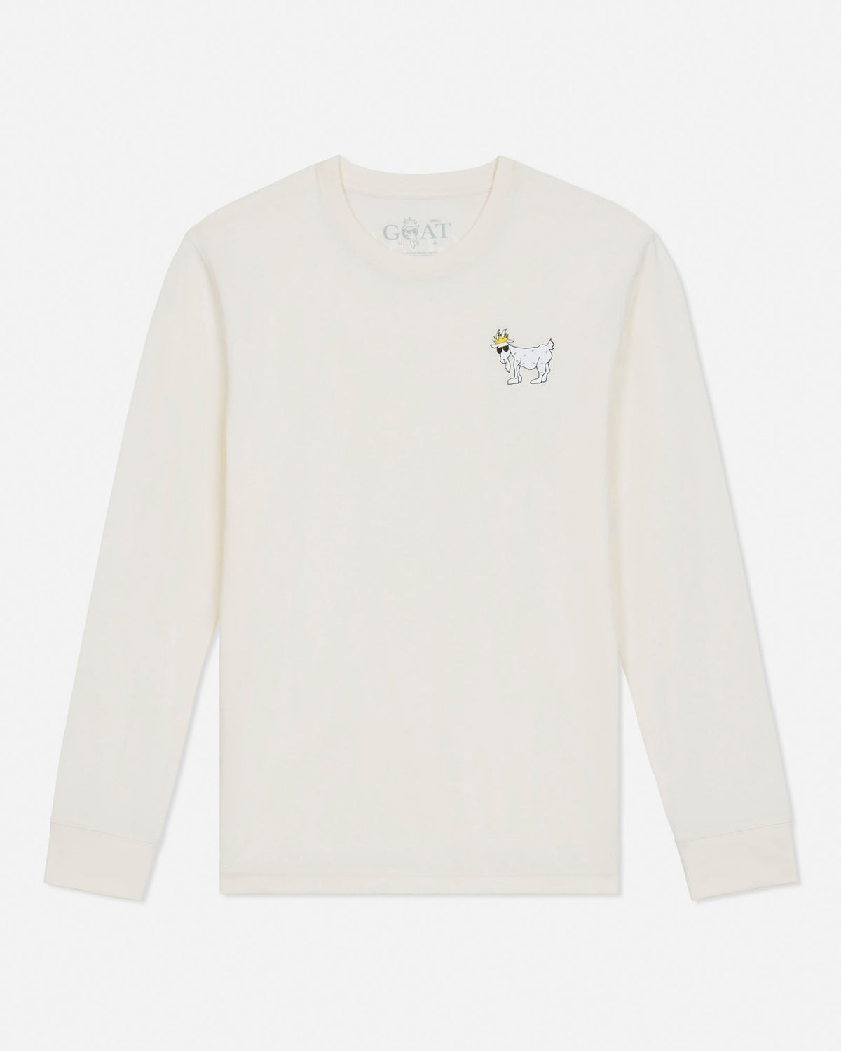 An off-white long-sleeve crewneck sweatshirt by GOAT USA, featuring a small embroidered white goat wearing a gold crown on the left chest.#color_bone