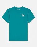 Teal t-shirt with a small graphic on a white background