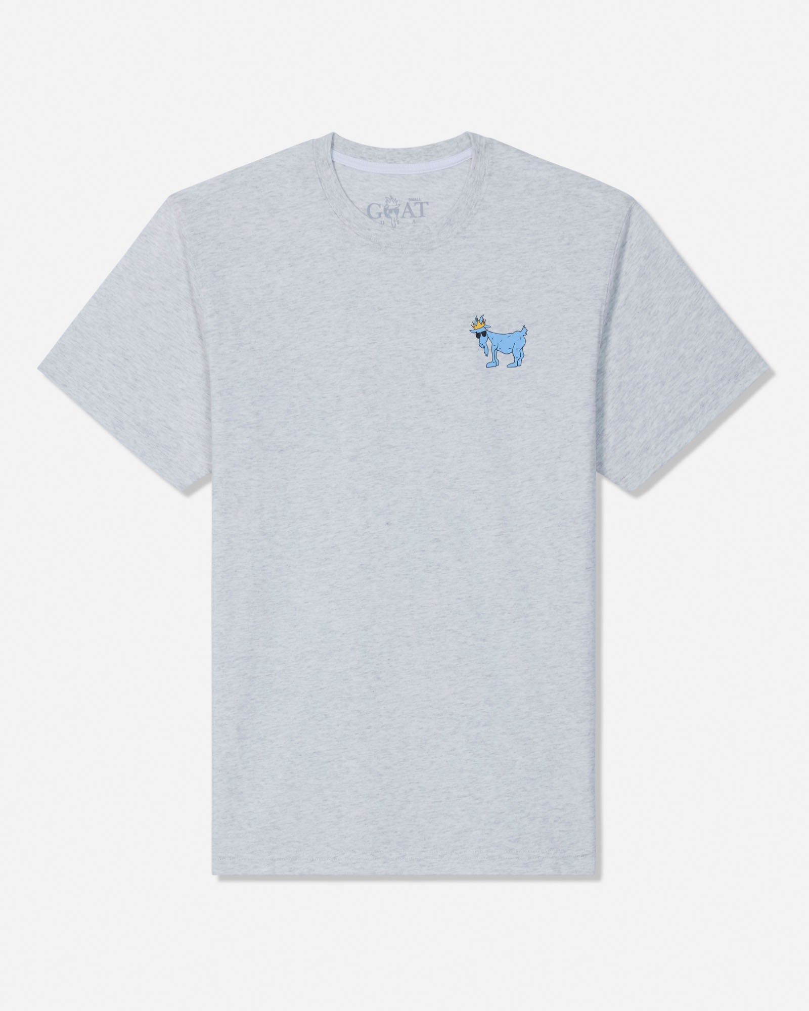 A light gray heather short-sleeve t-shirt, featuring a small embroidered blue goat logo on the left chest and the brand name 'GOAT' printed inside the collar.#color_pale-gray