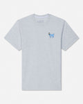 A light gray heather short-sleeve t-shirt, featuring a small embroidered blue goat logo on the left chest and the brand name 'GOAT' printed inside the collar.