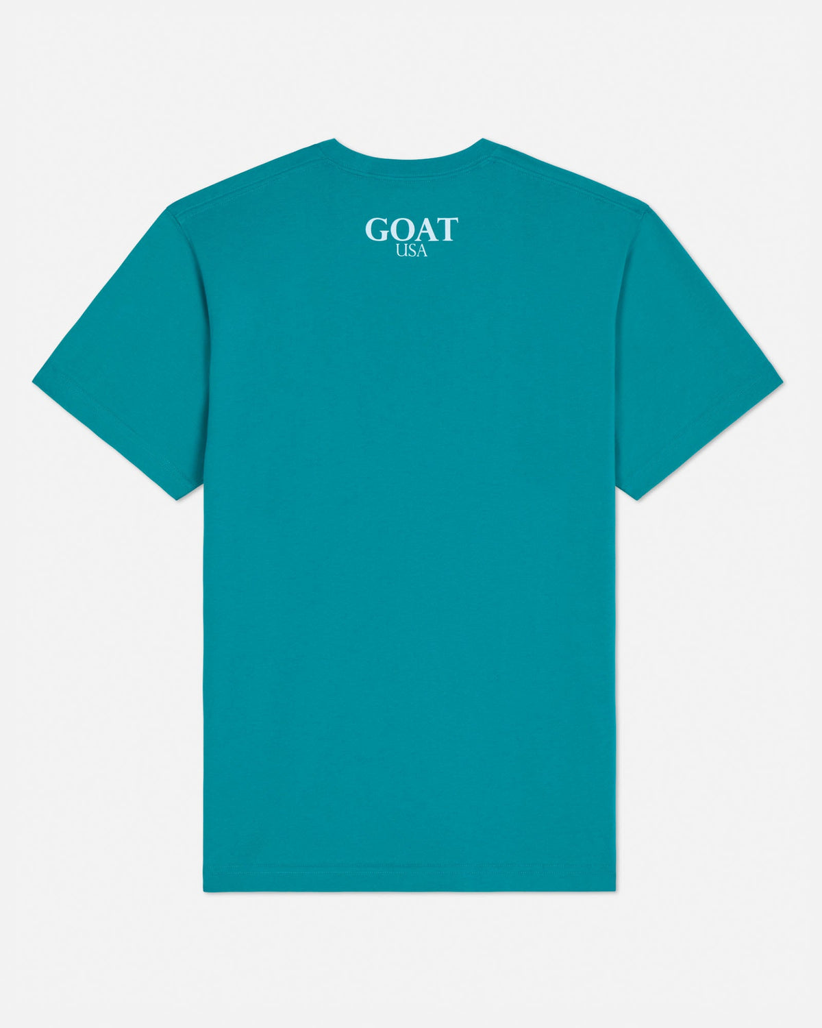 Teal t-shirt with 'GOAT USA' text on the back against a white background