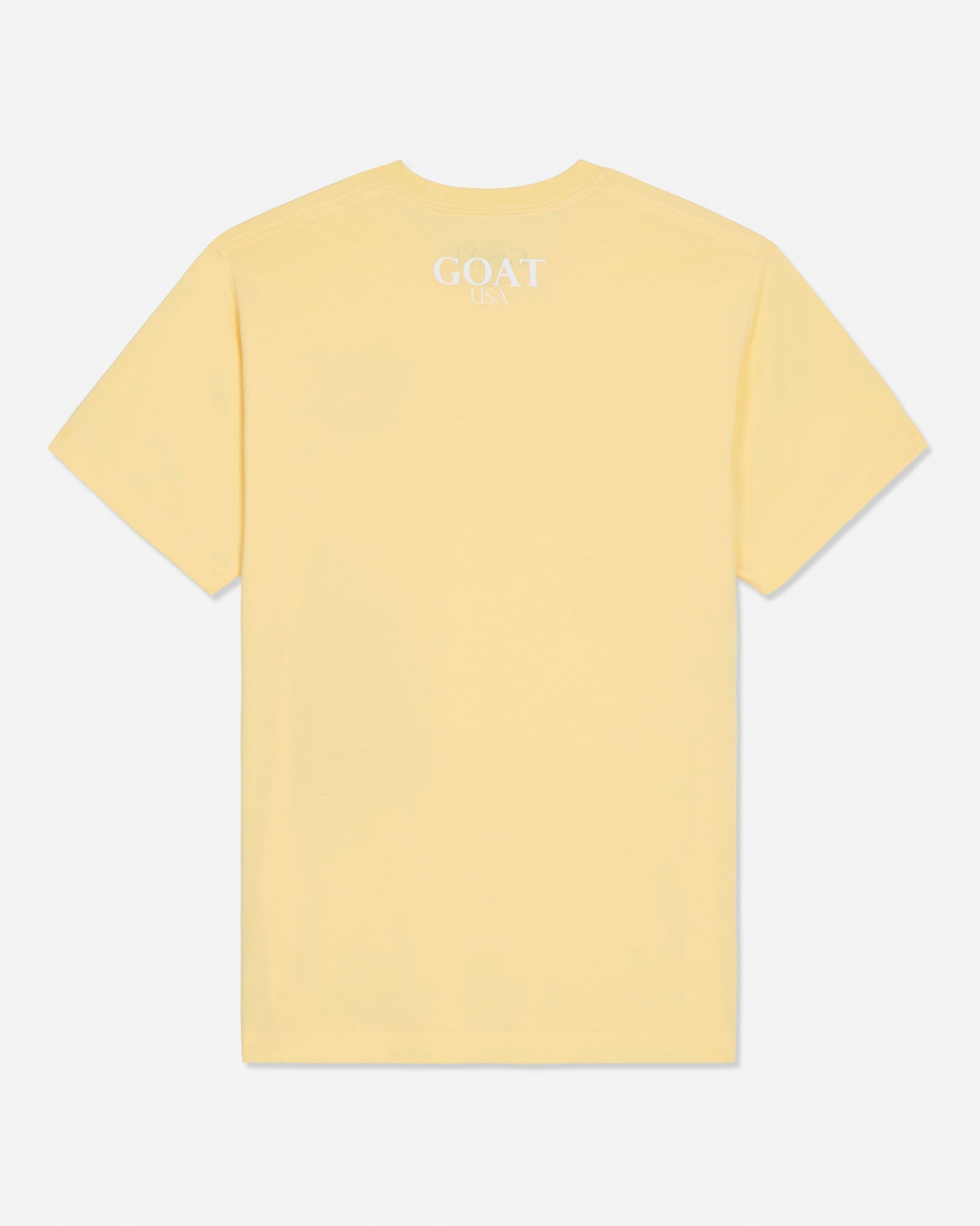 Yellow t-shirt with 'GOAT USA' text on the back against a white background#color_corn-milk