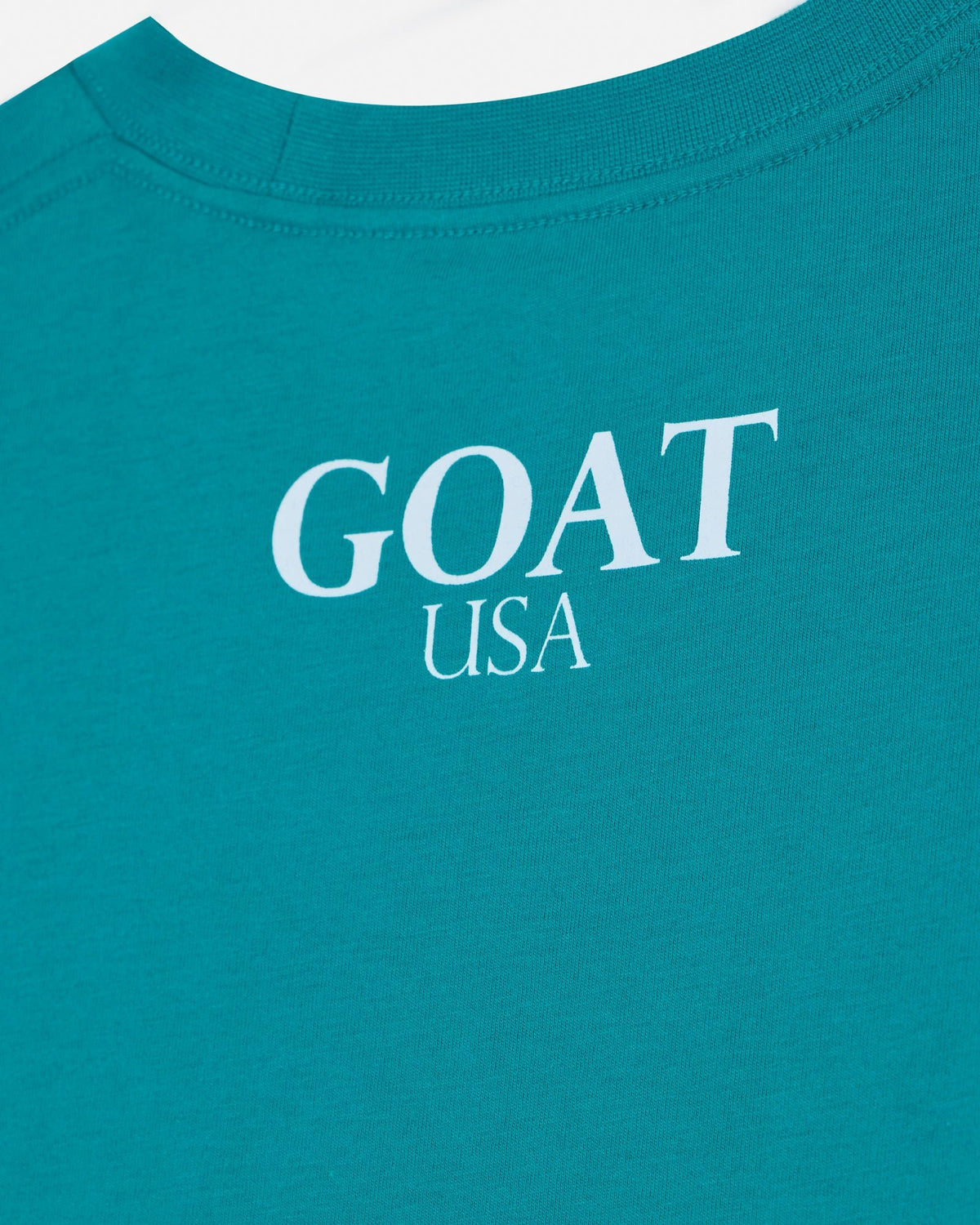 Teal t-shirt with 'GOAT USA' text in white on a white background