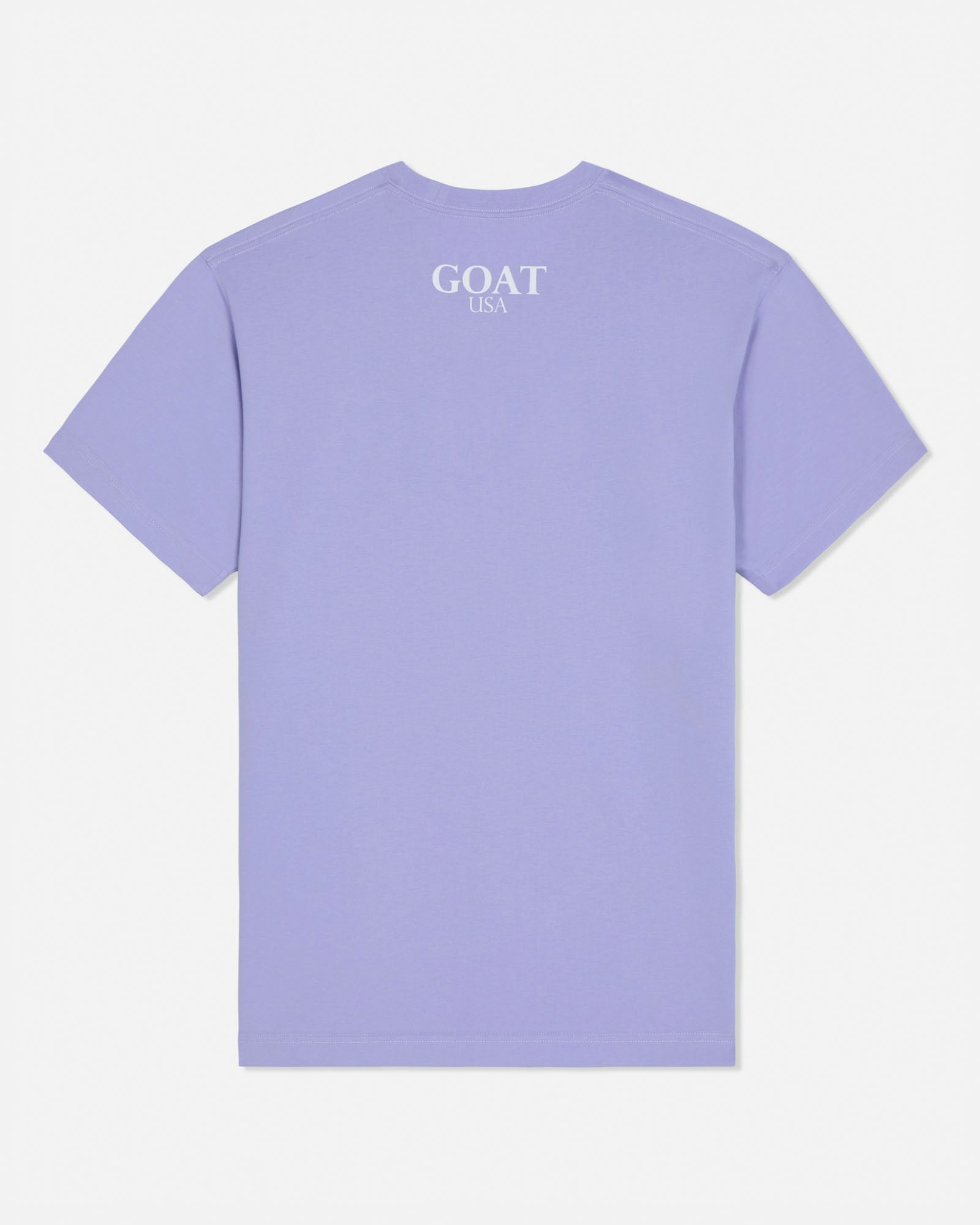 Purple t-shirt with 'GOAT' text on the back against a white background#color_periwinkle