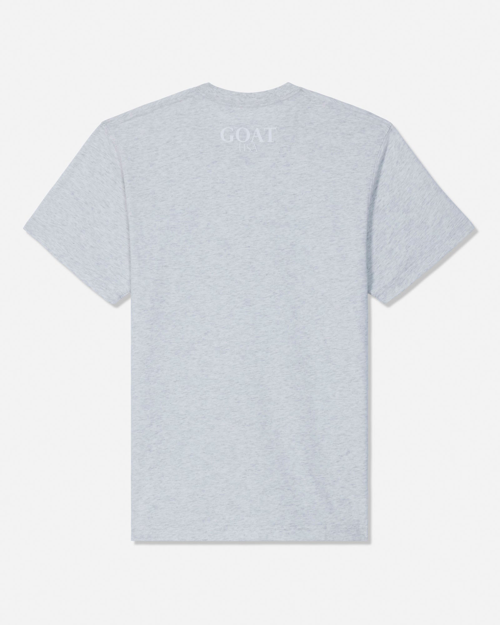 A light heather gray short-sleeve t-shirt shown from the back, featuring a subtle, tonal 'GOAT' logo printed near the upper neckline, set against a clean white background.#color_pale-gray