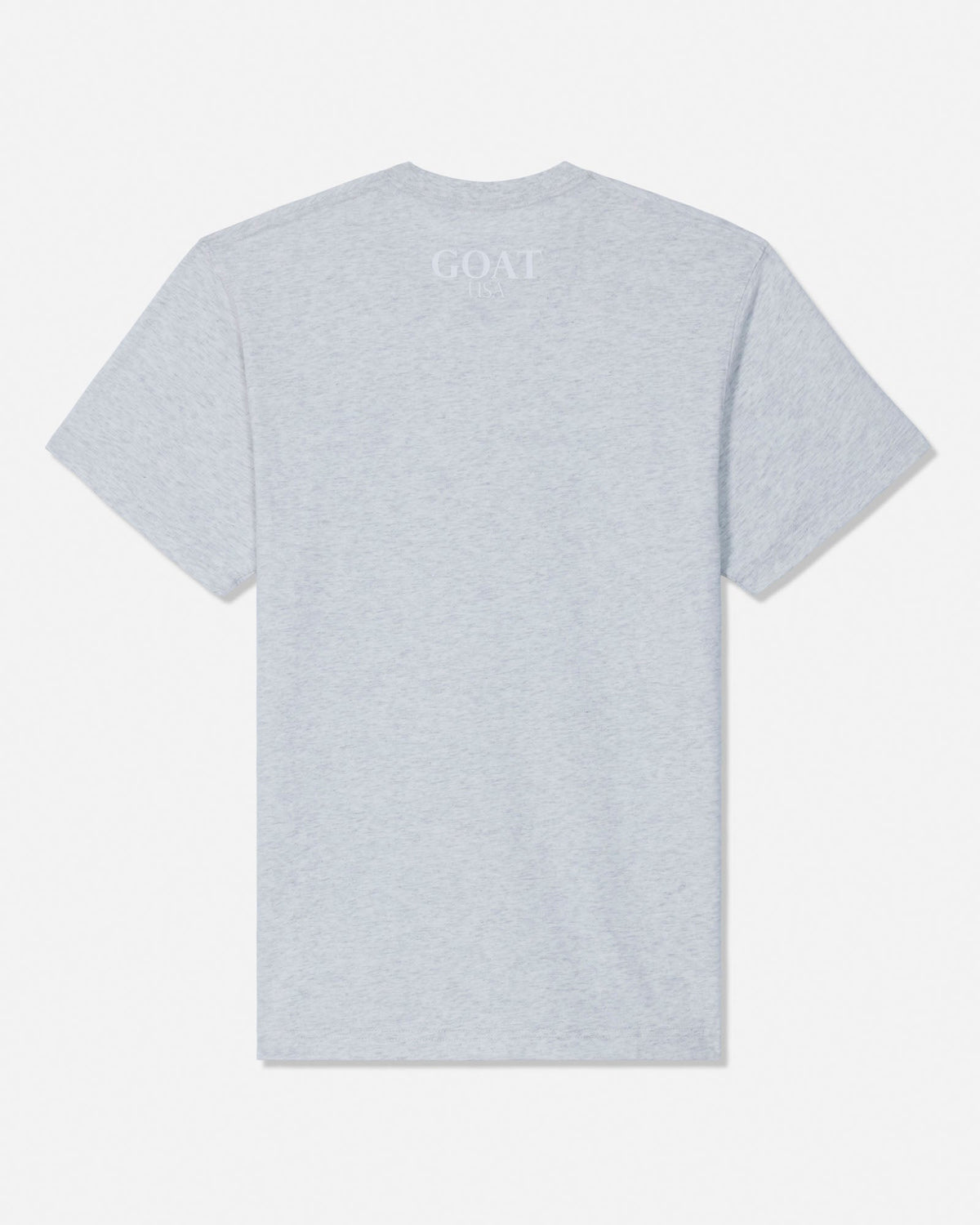 A light heather gray short-sleeve t-shirt shown from the back, featuring a subtle, tonal 'GOAT' logo printed near the upper neckline, set against a clean white background.