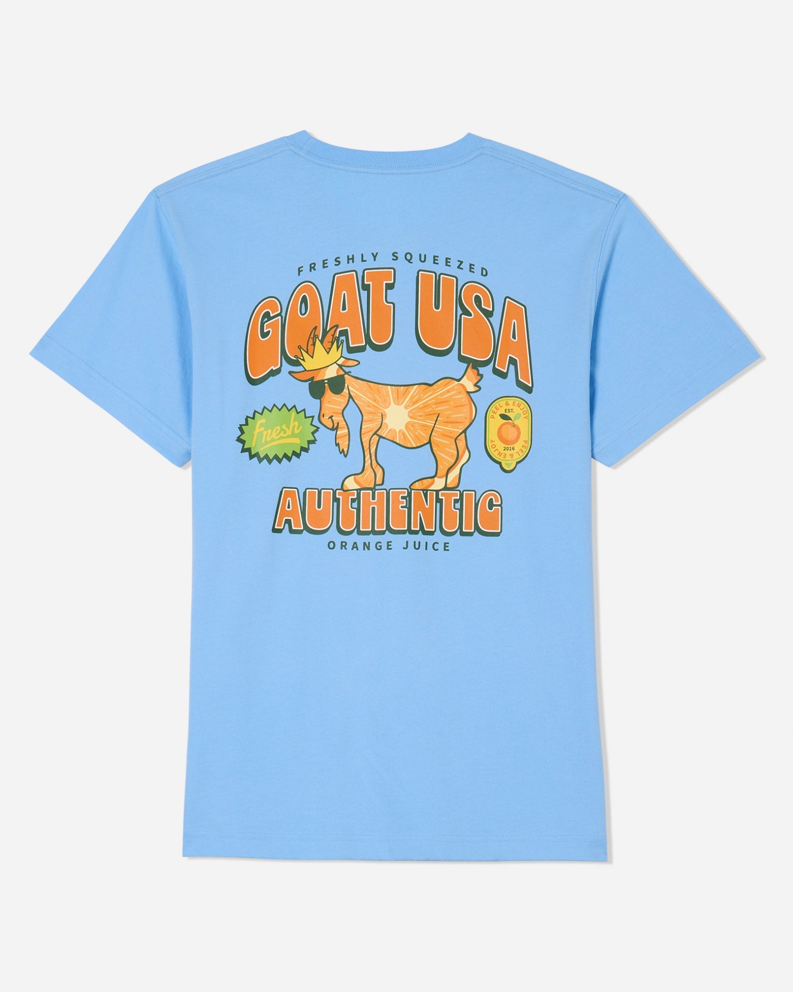 Back of carolina blue t-shirt with orange (fruit) GOAT graphic