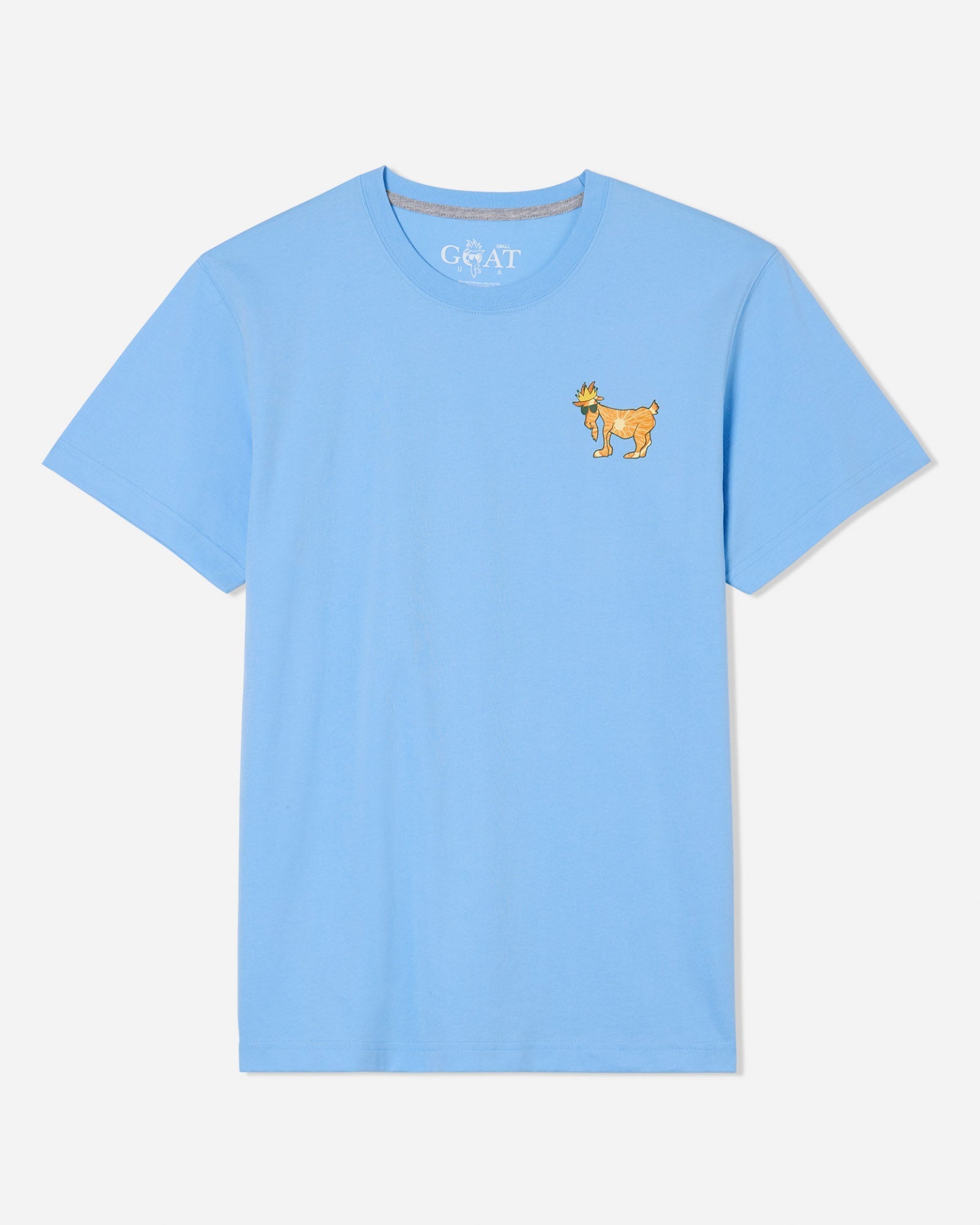 Front of carolina blue t-shirt with orange (fruit) GOAT left-chest logo