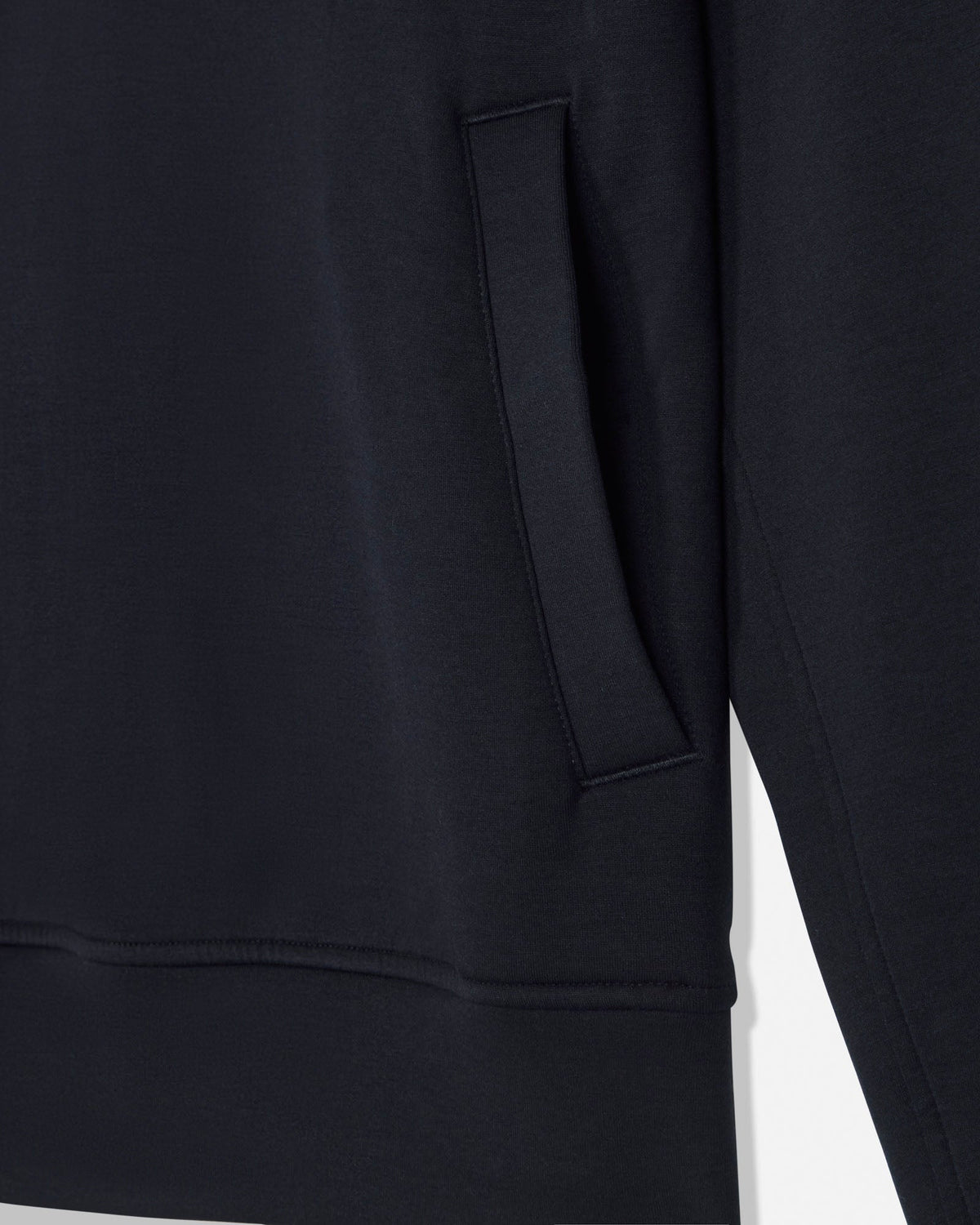 Close-up of pocket on black hoodie made with athletic material