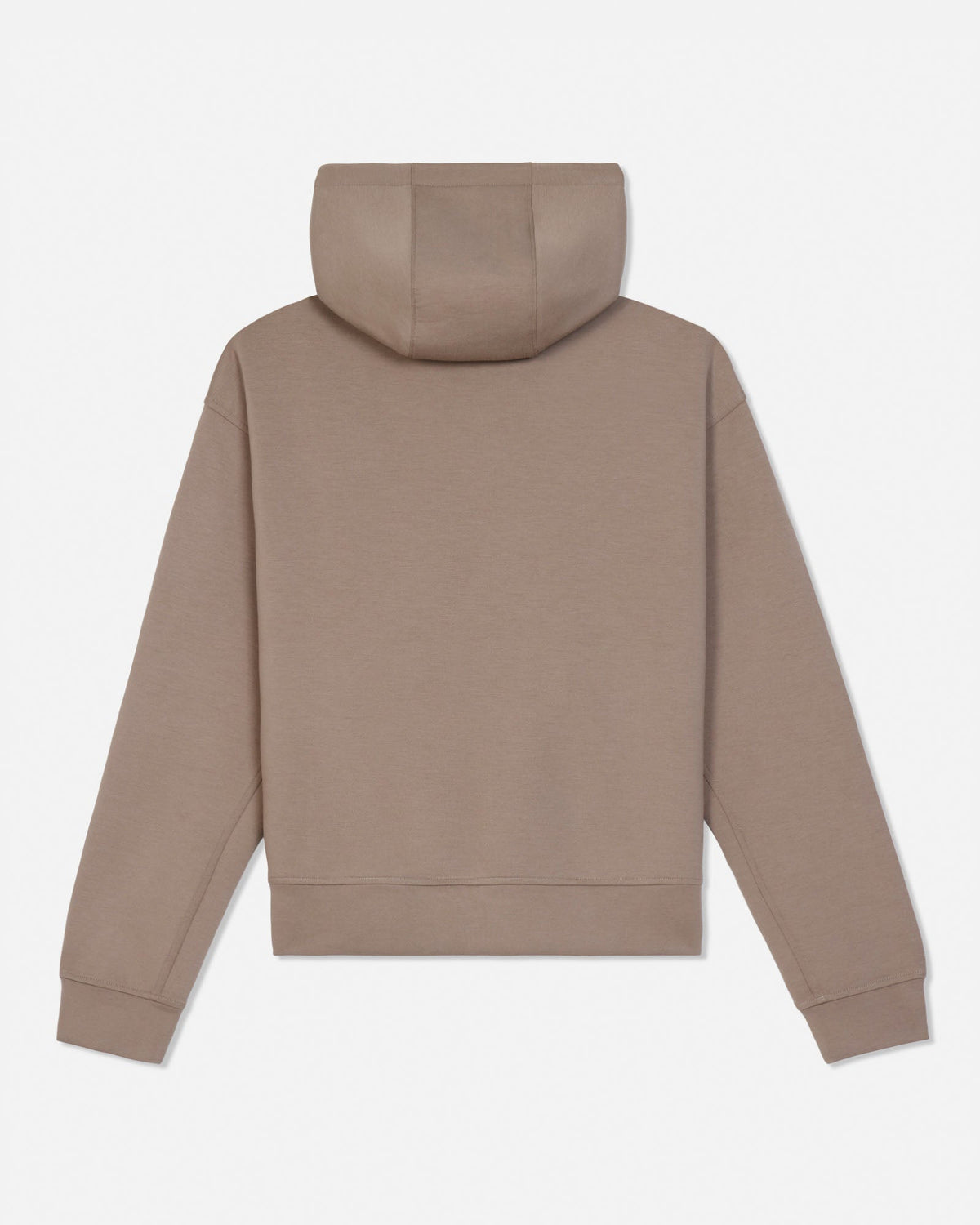 Back of brown hoodie made with athletic material against a gray background