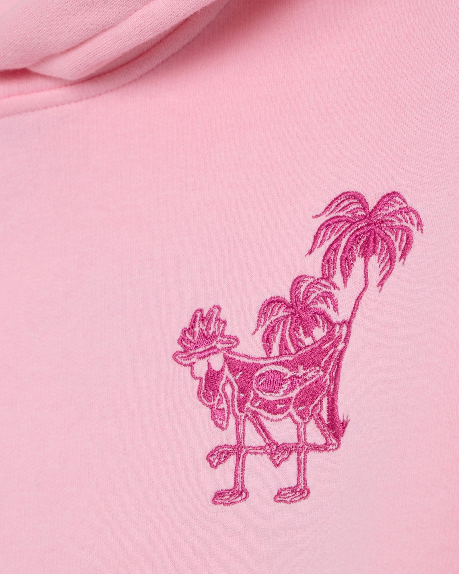 Pink hoodie with a pink embroidered design of a flaminGOAT and palm trees on a pink background#color_light-pink