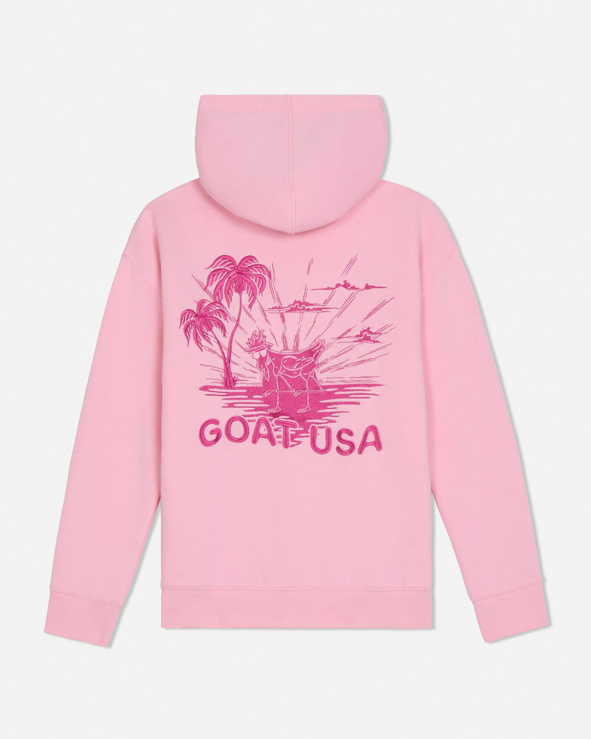 Pink hoodie with 'GOAT USA' graphic on a white background#color_pink