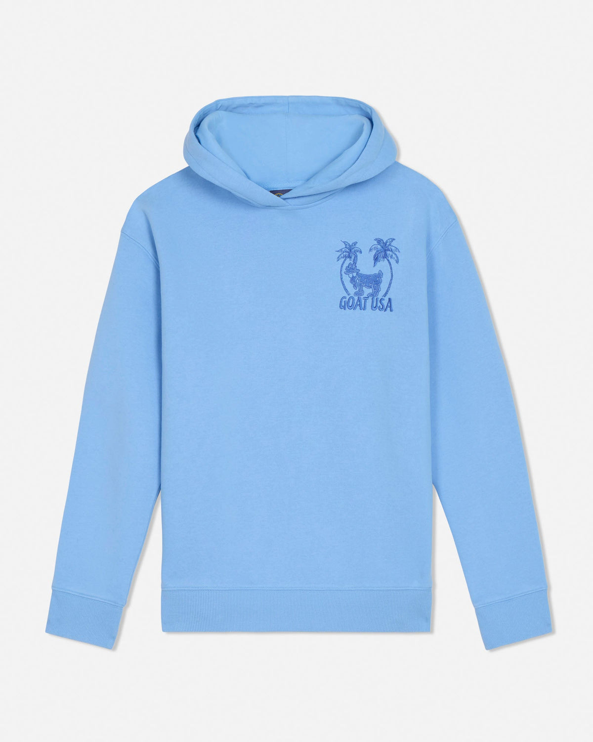 Light blue hoodie with a logo on a white background