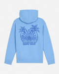 Light blue hoodie with palm tree design and 'GOAT USA' text on the back against a white background