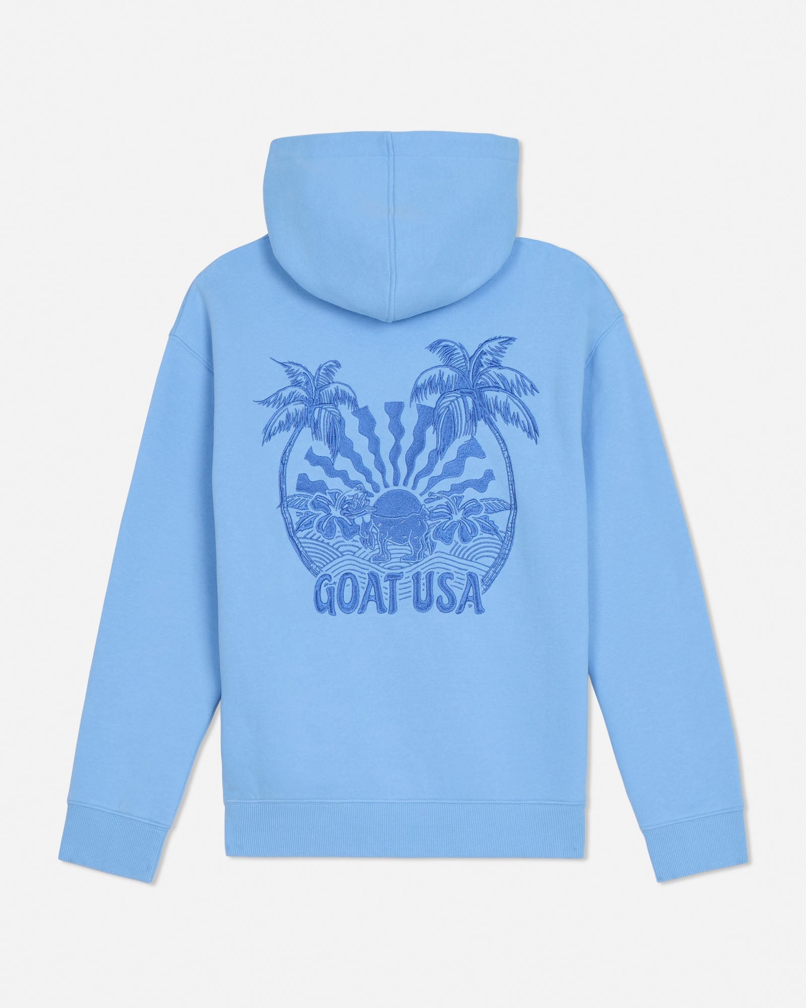 Light blue hoodie with palm tree design and 'GOAT USA' text on the back against a white background#color_carolina-blue